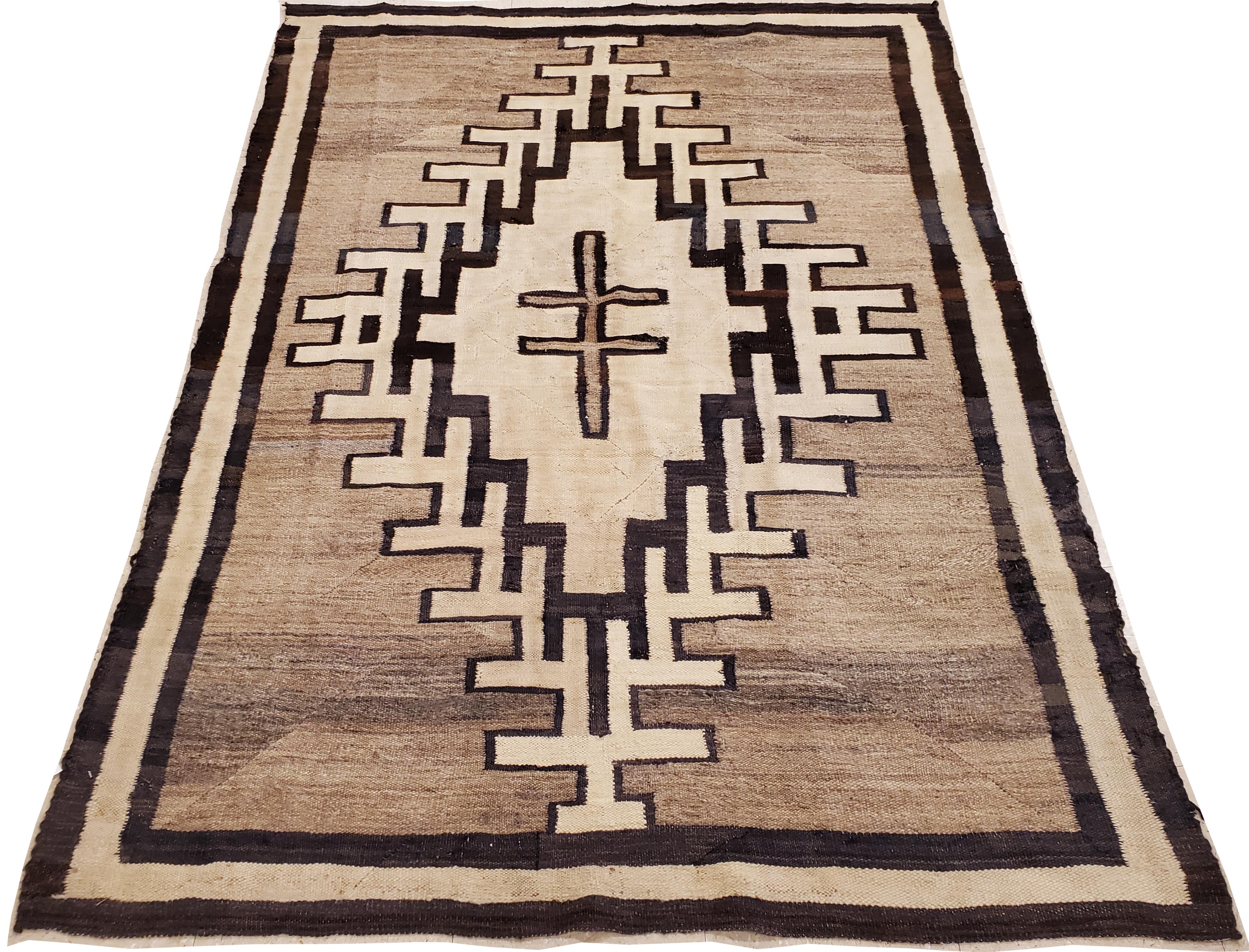Hand-Knotted Antique Navajo Carpet, Handmade Wool, Neutral colors, Ivory, Beige, Gray & Brown For Sale