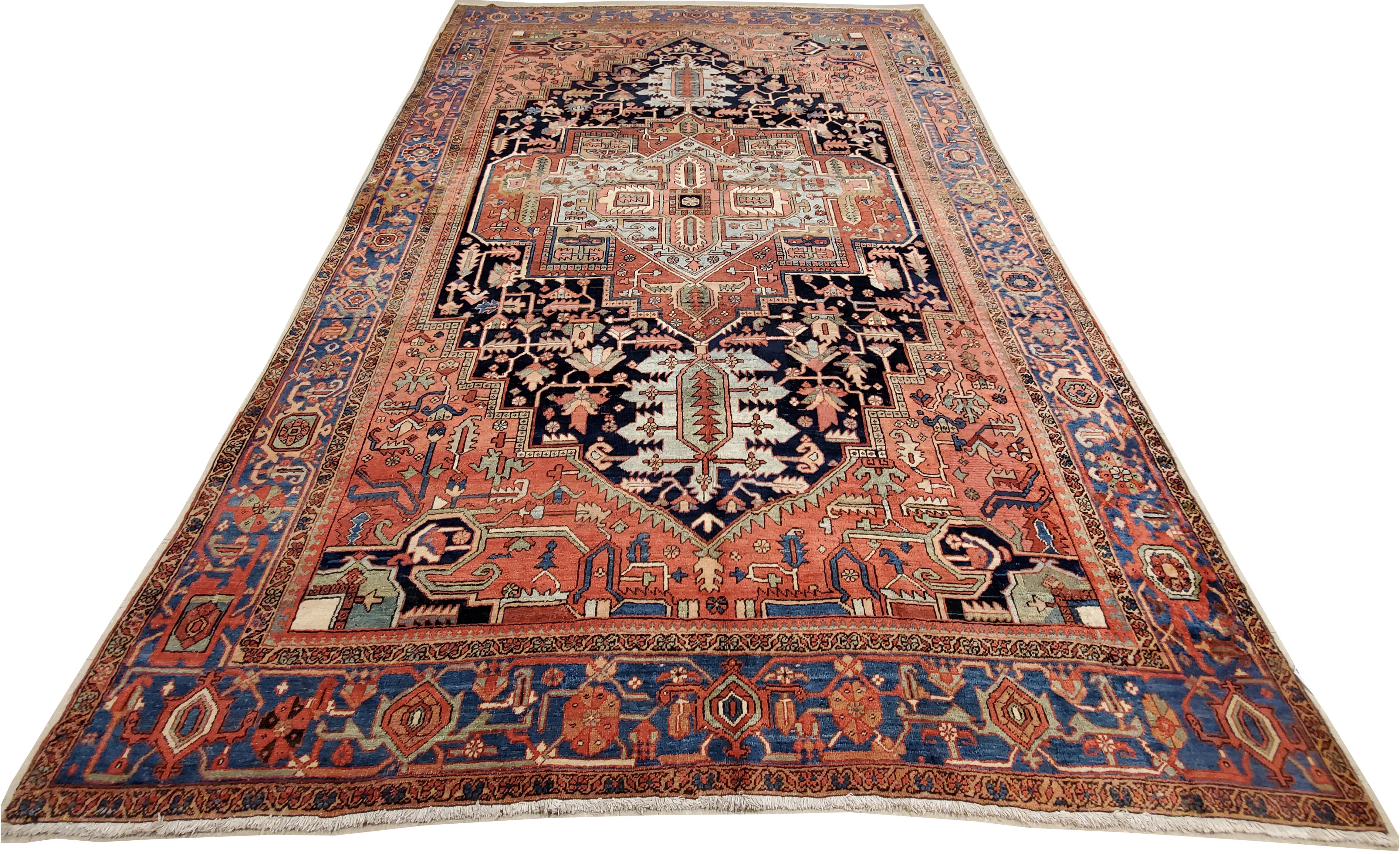 Antique Persian Heriz Carpet Handmade Wool Oriental Rug, Rust, Navy, Light Blue For Sale 5