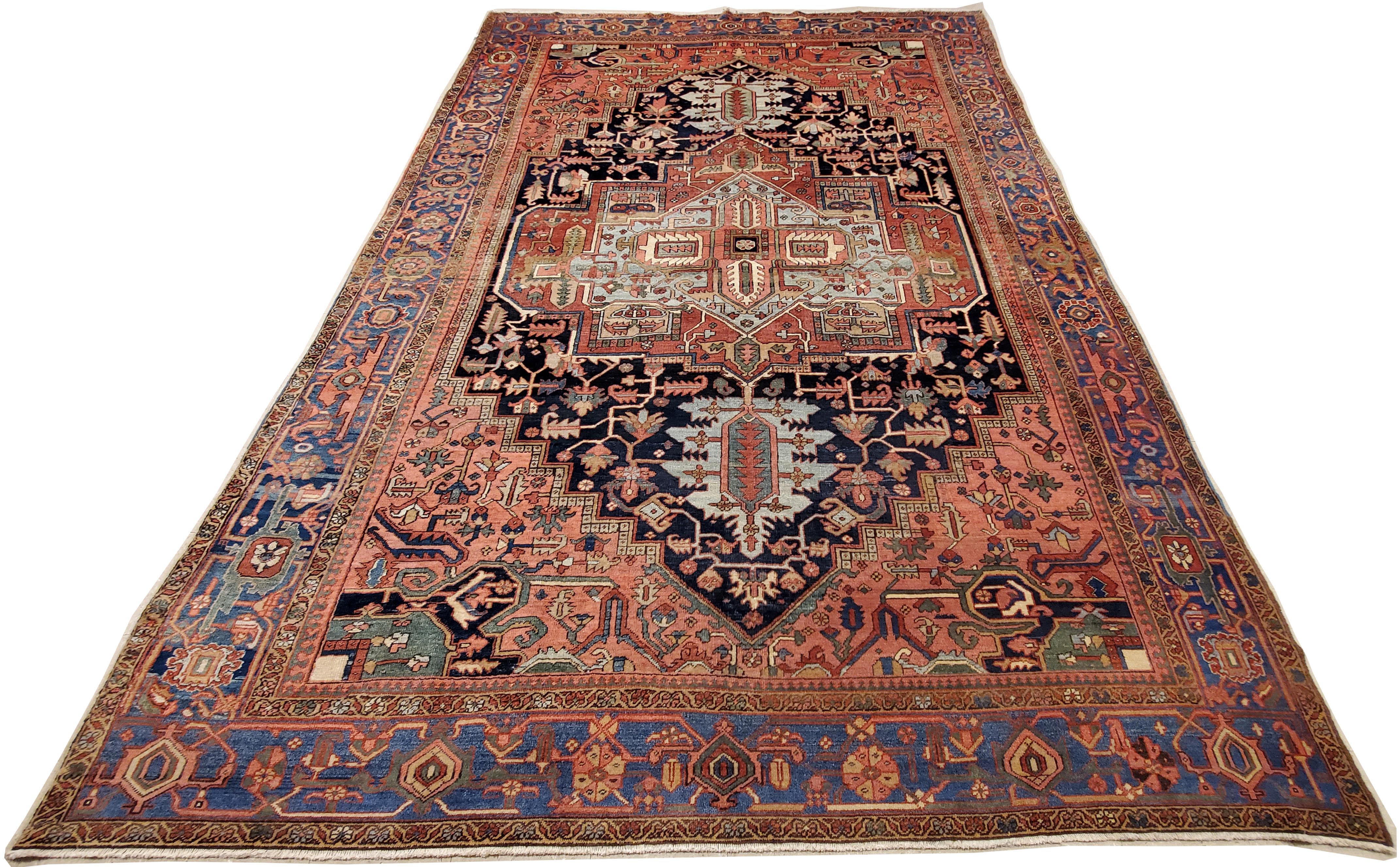 Antique Persian Heriz Carpet Handmade Wool Oriental Rug, Rust, Navy, Light Blue For Sale 6