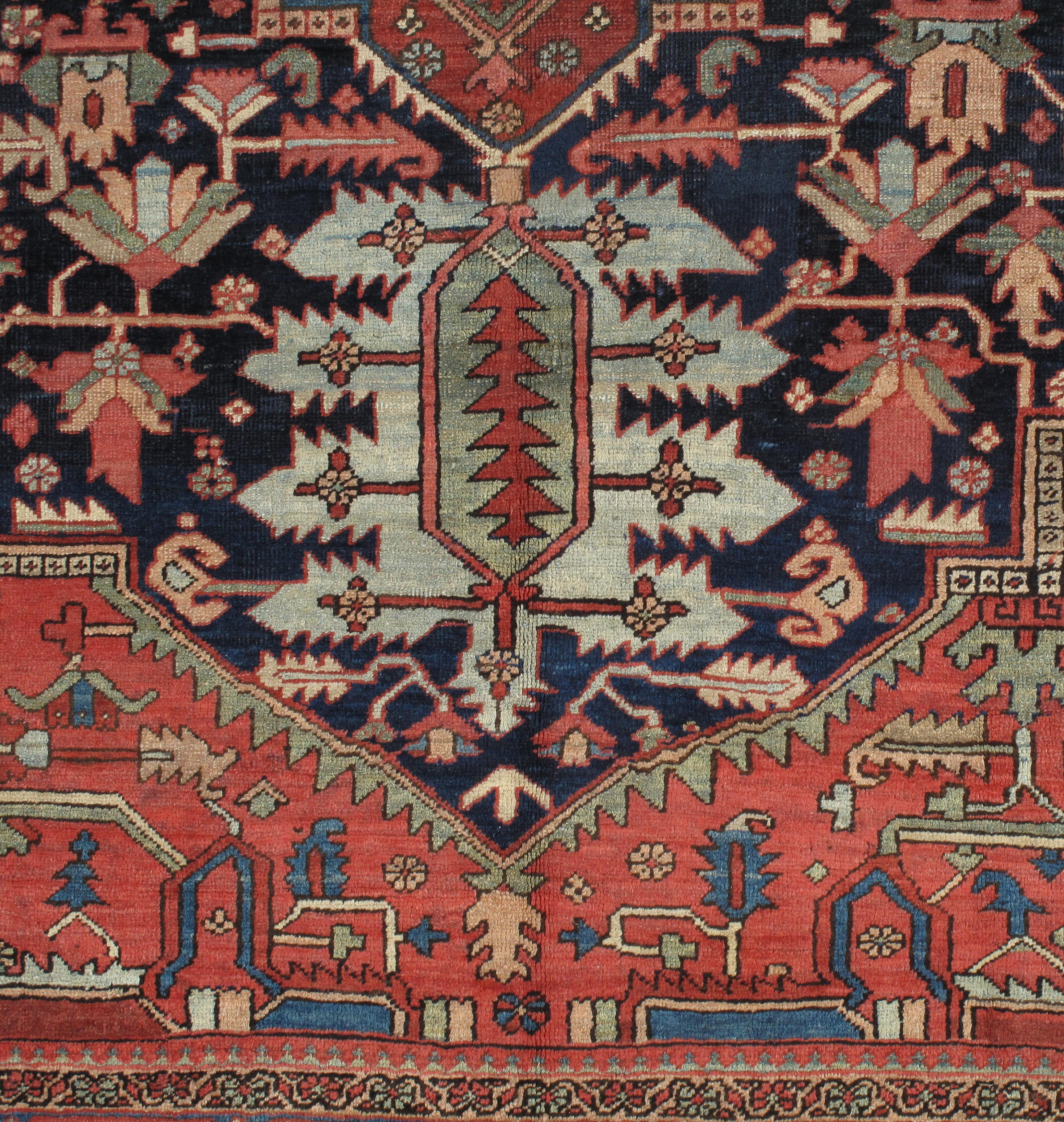 Heriz Serapi Antique Persian Heriz Carpet Handmade Wool Oriental Rug, Rust, Navy, Light Blue For Sale