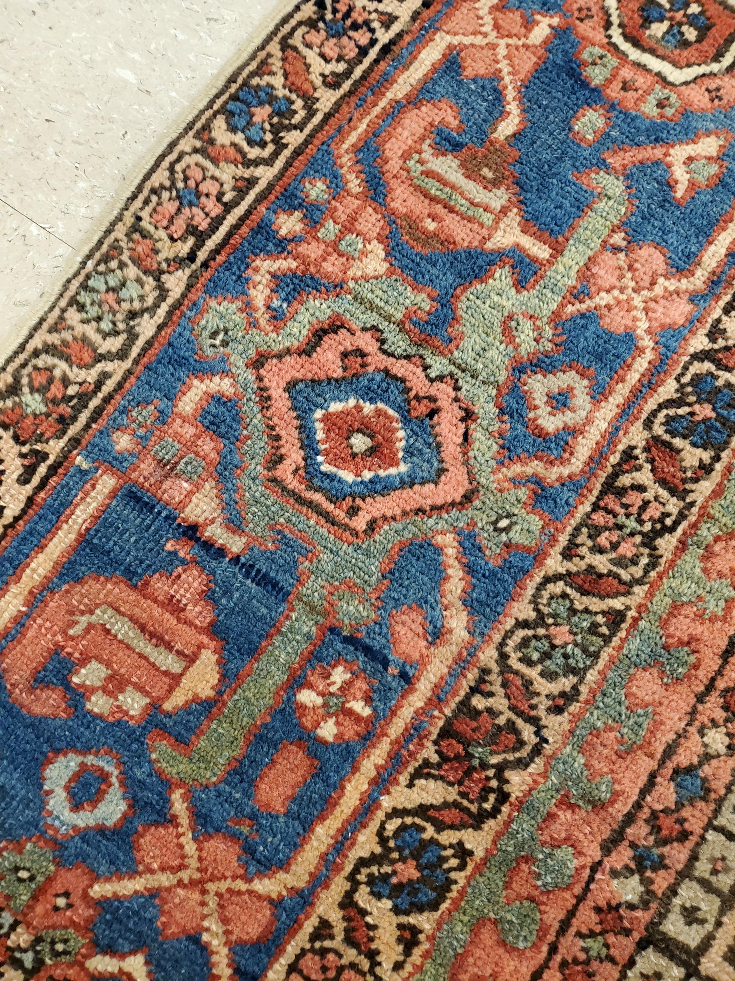 20th Century Antique Persian Heriz Carpet Handmade Wool Oriental Rug, Rust, Navy, Light Blue For Sale