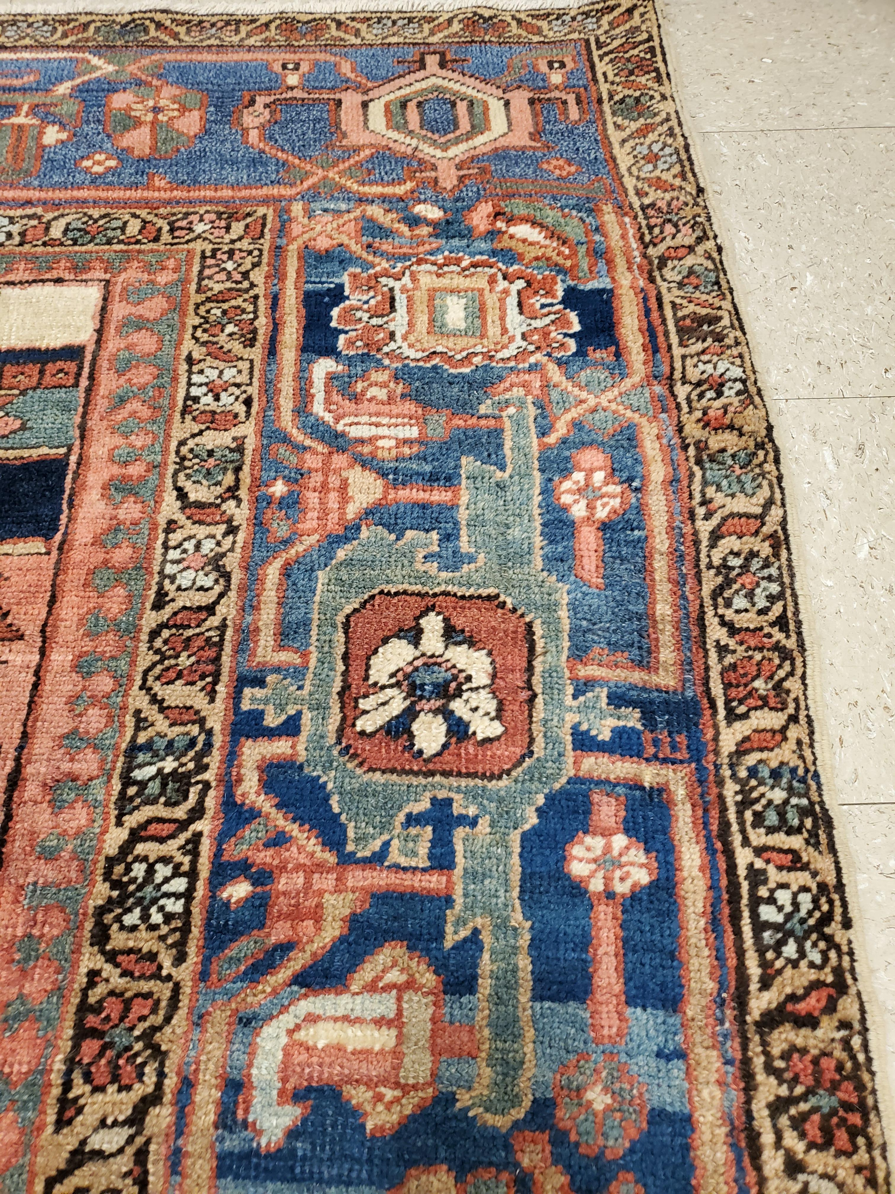 Antique Persian Heriz Carpet Handmade Wool Oriental Rug, Rust, Navy, Light Blue For Sale 1