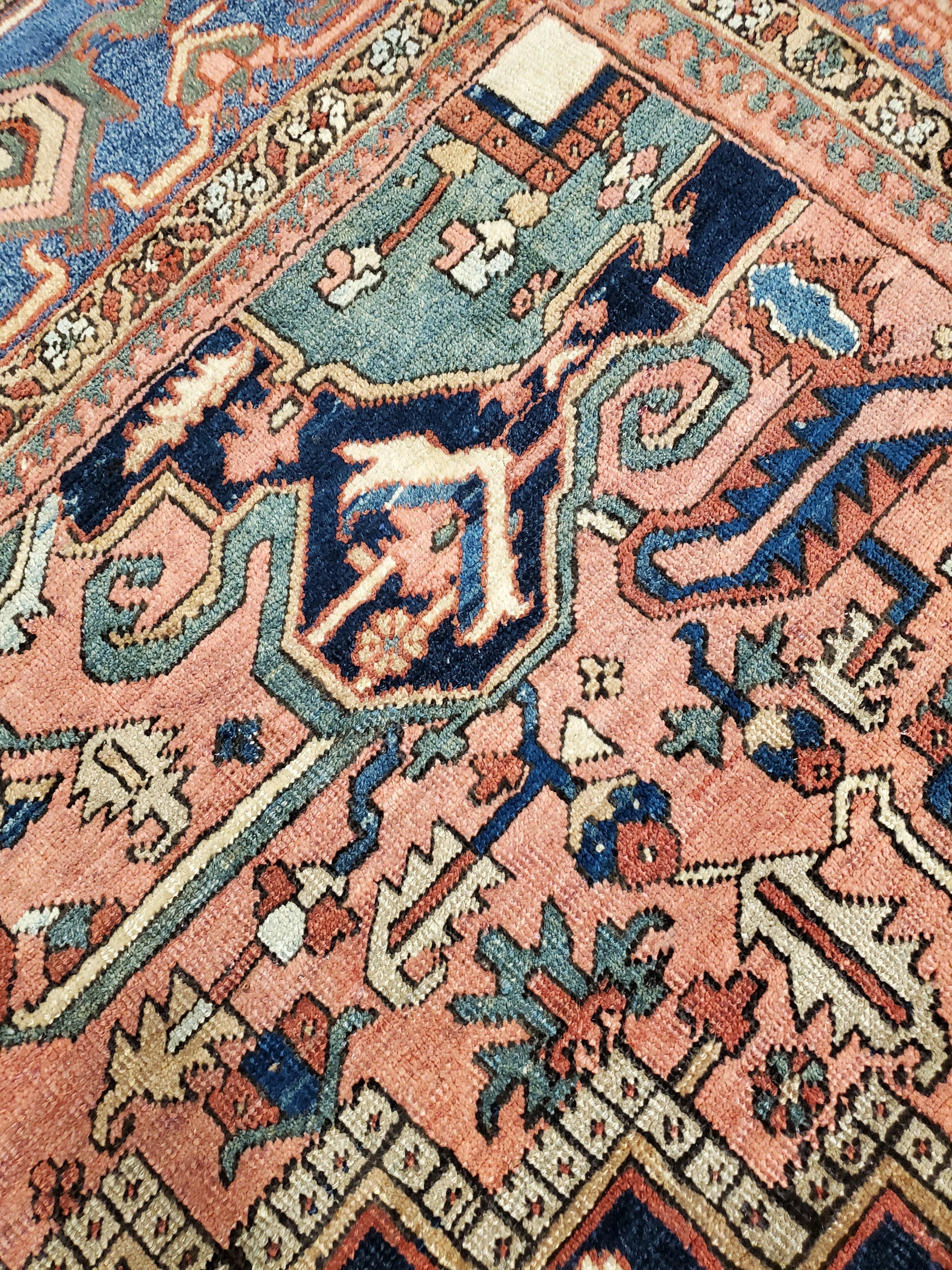 Antique Persian Heriz Carpet Handmade Wool Oriental Rug, Rust, Navy, Light Blue For Sale 2