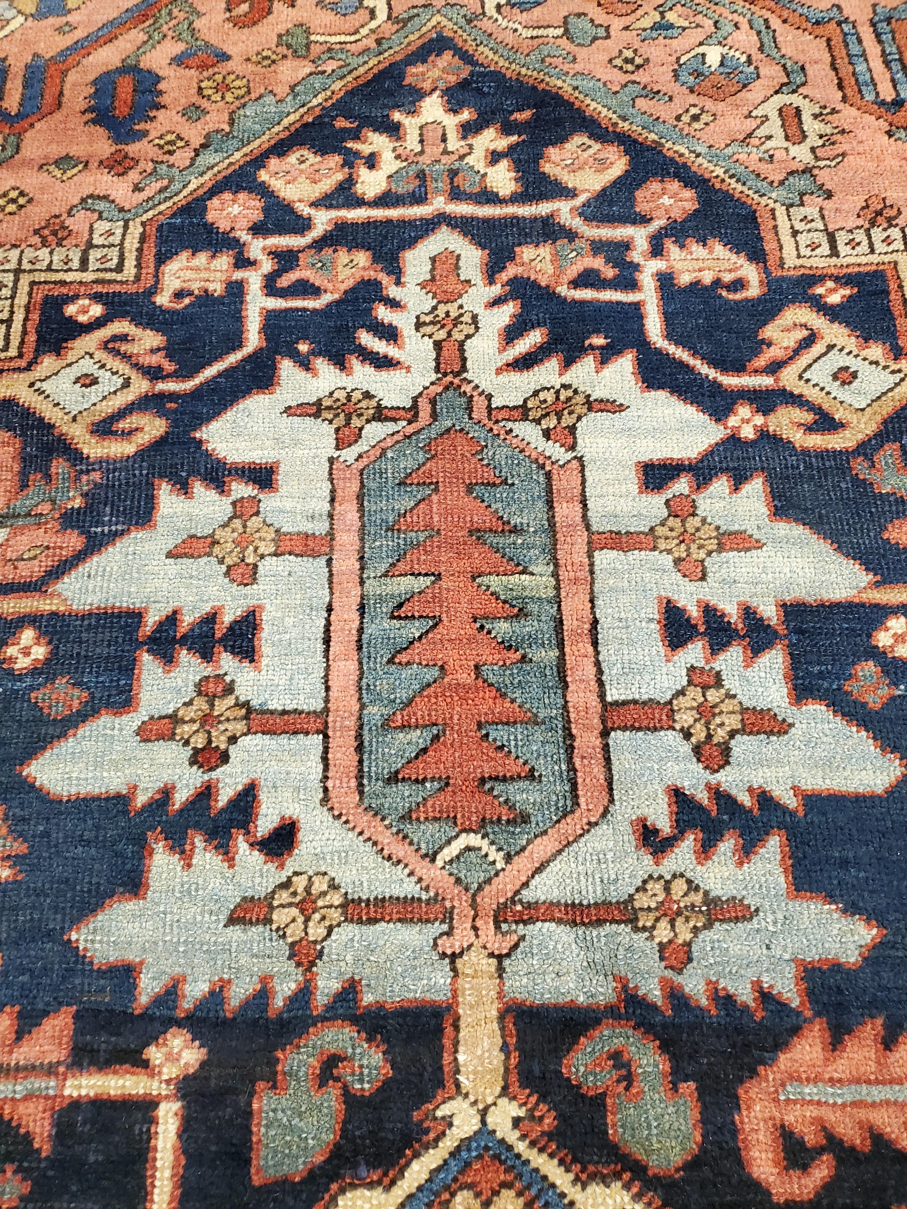 Antique Persian Heriz Carpet Handmade Wool Oriental Rug, Rust, Navy, Light Blue For Sale 3