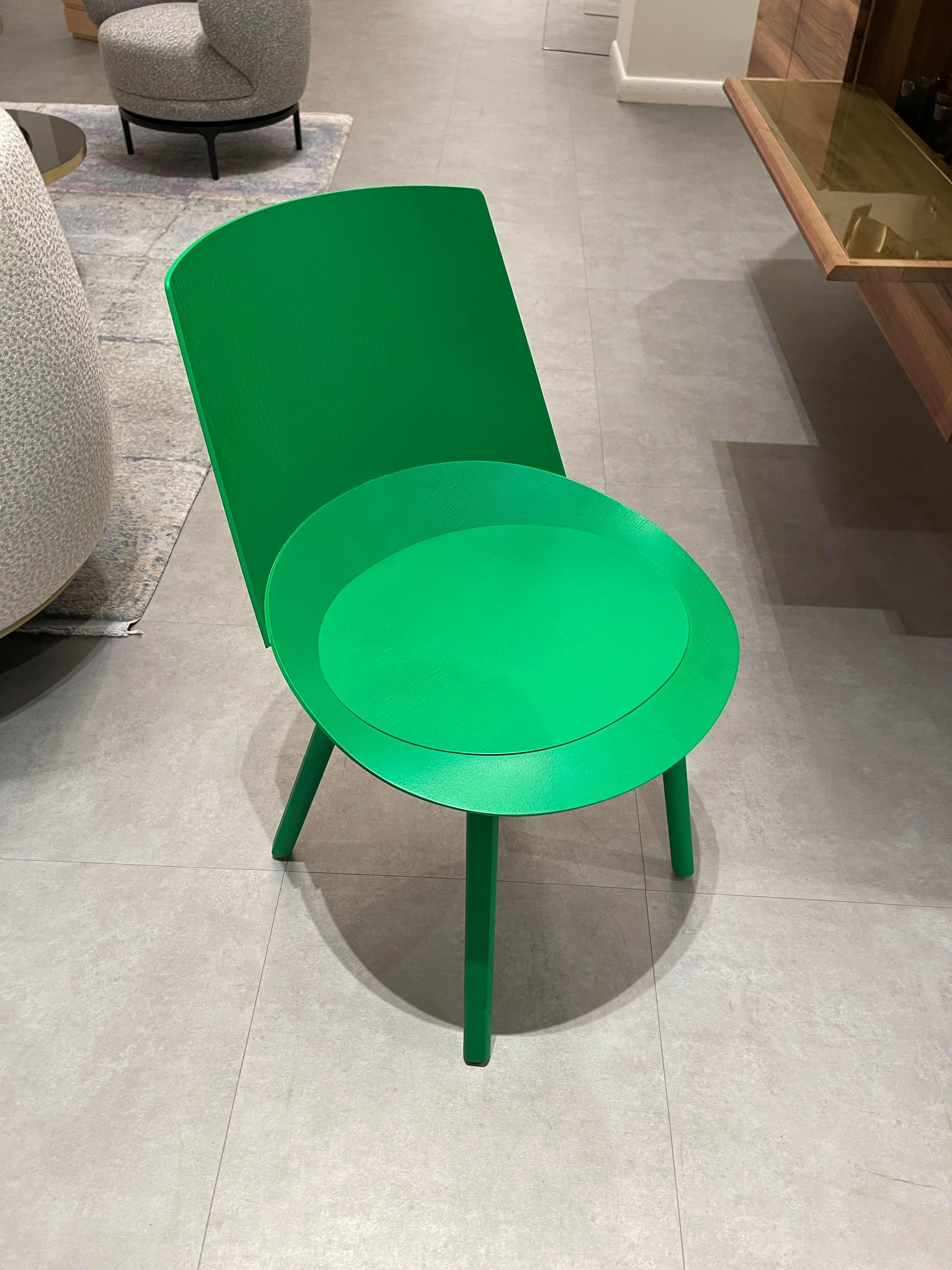 HOUDINI, custom made side chair, Oak Veneer, stained, lacquered,
Colour: luminous green, L500 W575 H800 mm, 
Atomic green RAL6038 Luminous green
E15 celebrates ten years of chair Houdini by Stefan Diez with a curated palette of anniversary