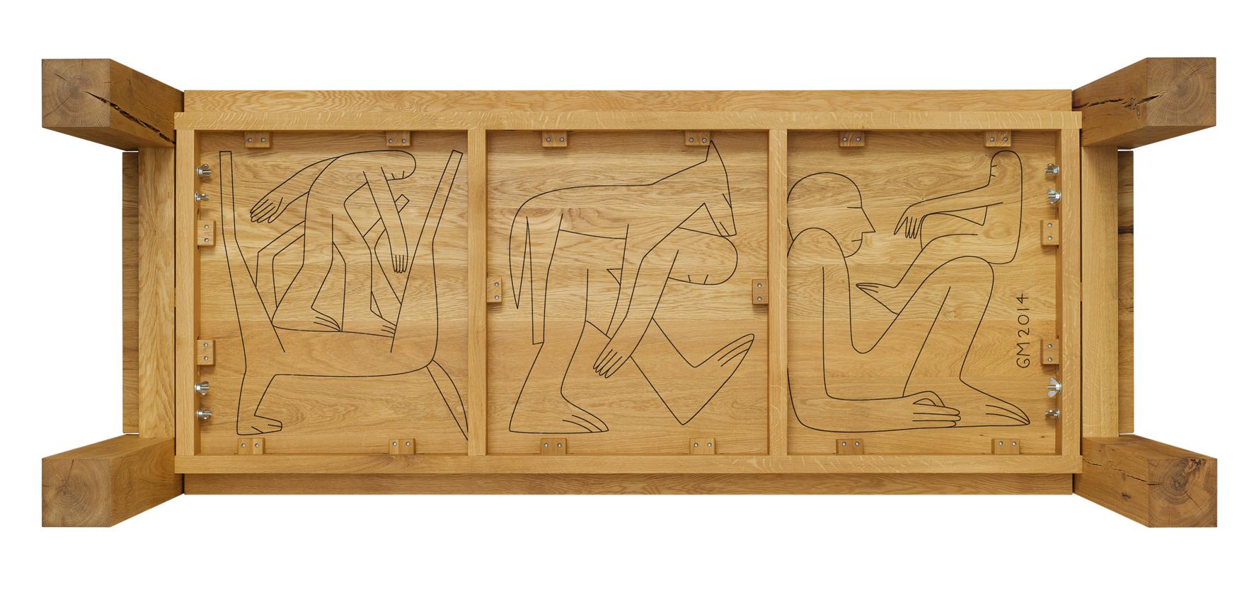 Artist and illustrator Geoff McFetridge creates a limited edition BIGFOOT with laser etched figures covering the underside of the table. The artwork focuses on the table's patron, the creature Bigfoot believed to inhabit forests, mainly in the