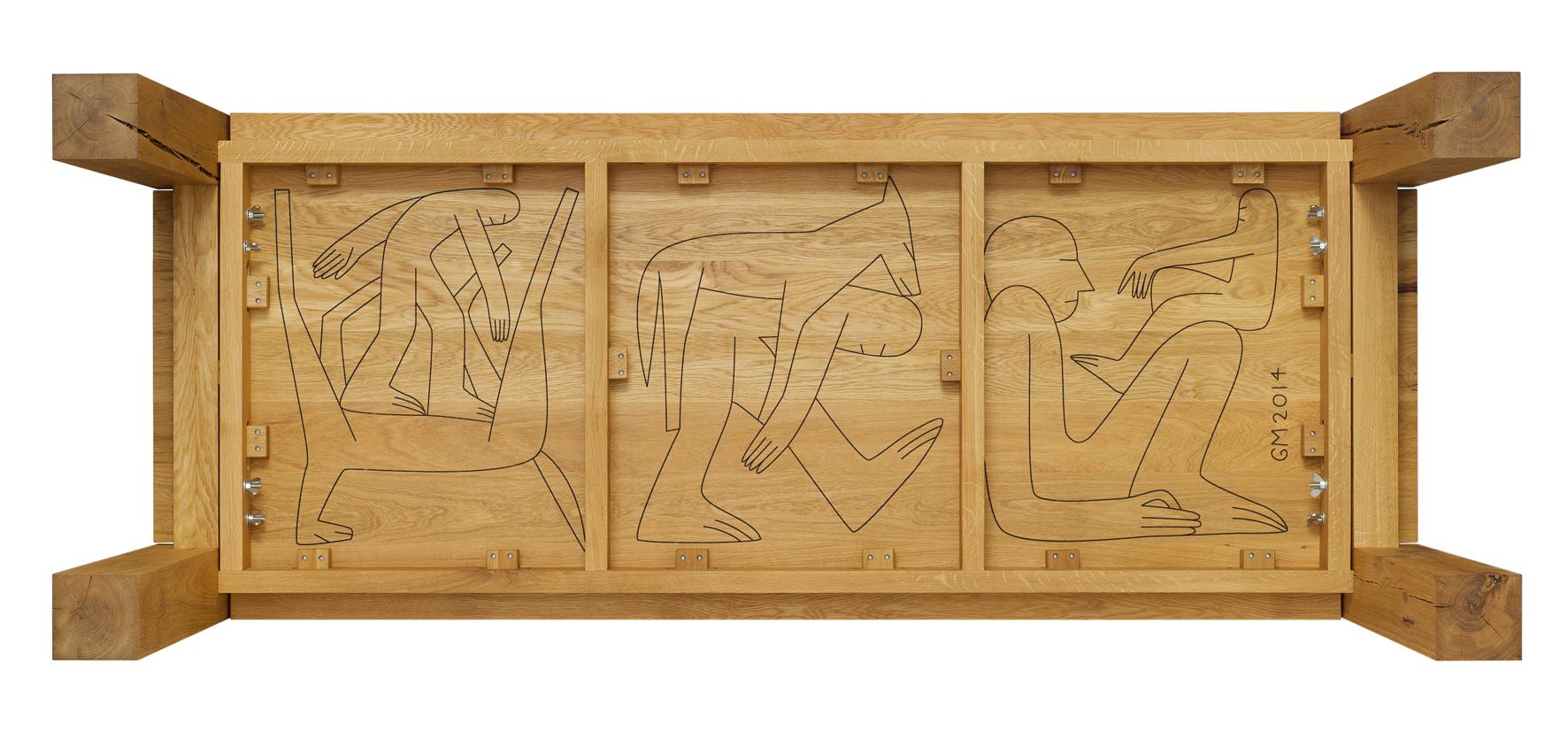 Der Künstler und Illustrator Geoff McFetridge kreiert eine limitierte Auflage des BIGFOOT mit lasergravierten Figuren auf der Unterseite des Tisches. Im Mittelpunkt des Kunstwerks steht der Namensgeber des Tisches, die Kreatur Bigfoot, von der man
