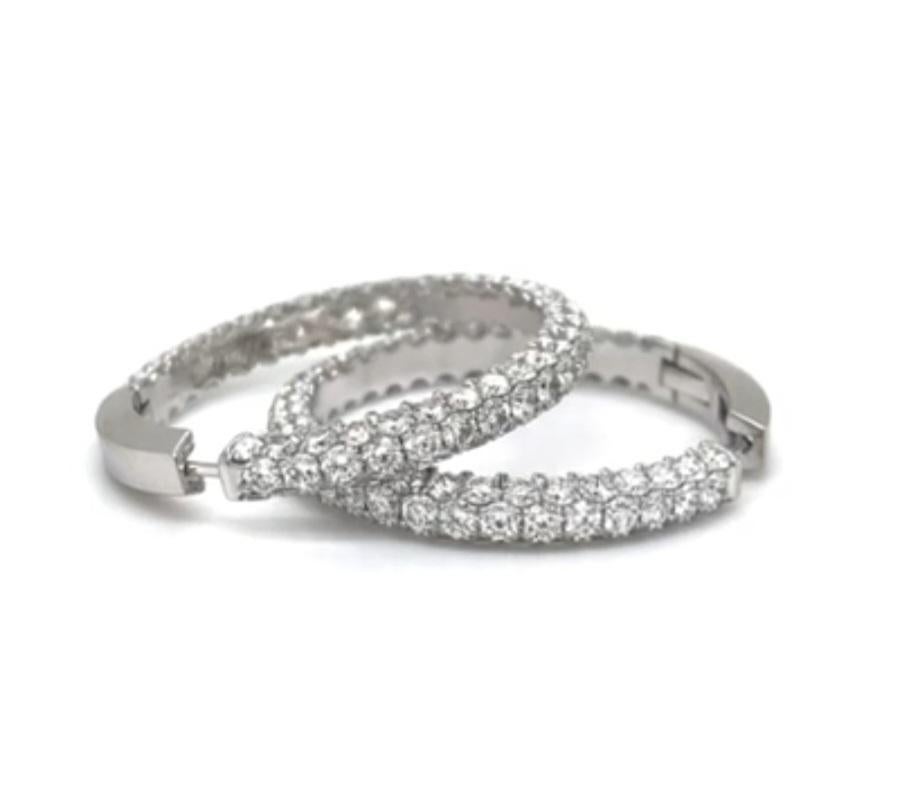 Round Cut E3RPOW - 3 Row Micro Pave Platinum Hoop Earrings For Sale