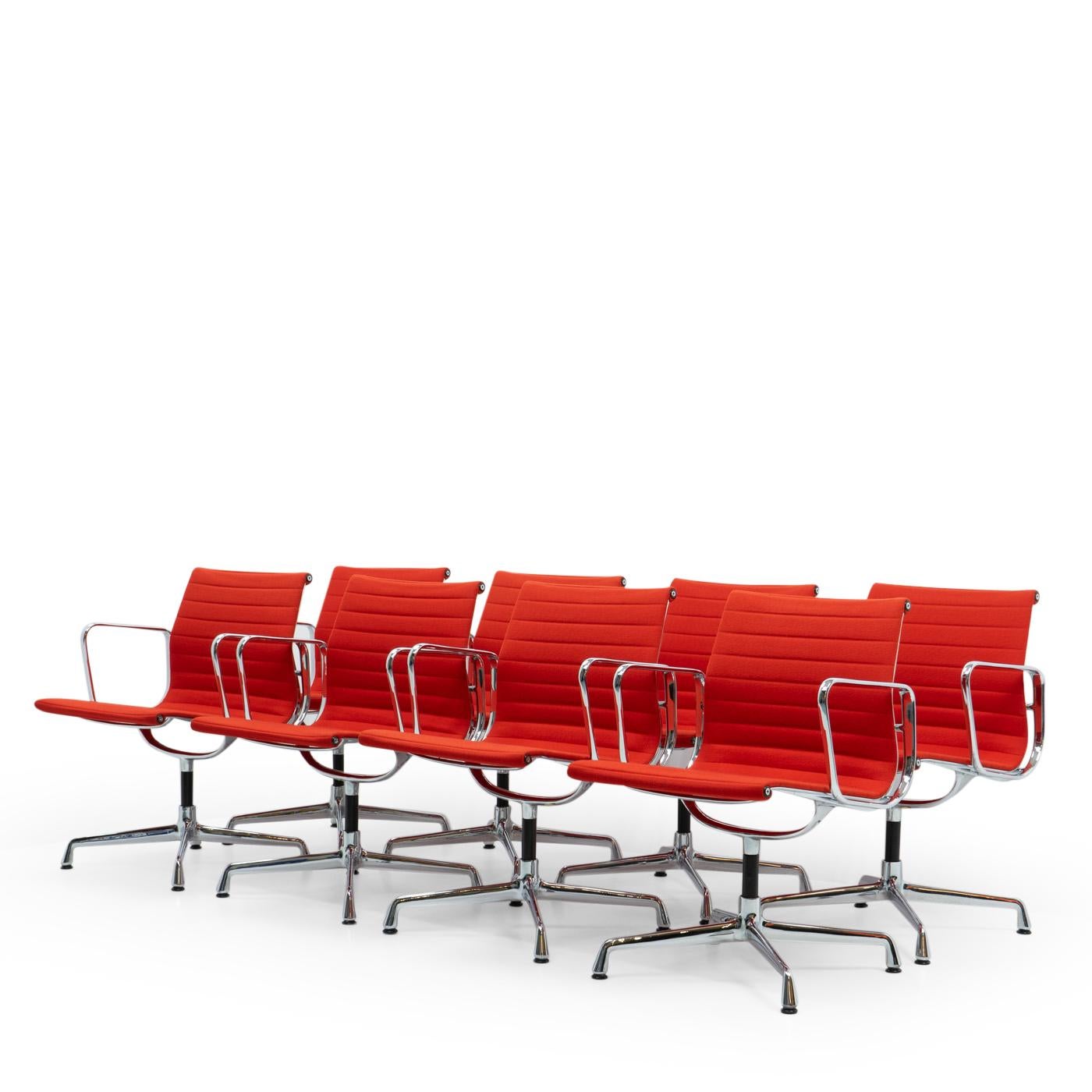 The Aluminium Group chairs by Charles & Ray Eames are one of the most important and recognizable designs of the 20th century:

On offer we have a set of eight EA 107 office chairs in a vibrant warm red hopsack, in beautiful condition. Please note
