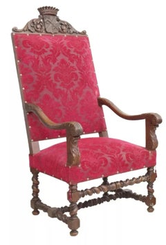 Ea. 1900s Antique French Henri II Style, Carved Oak Fauteuils, Chairs, Set of 2