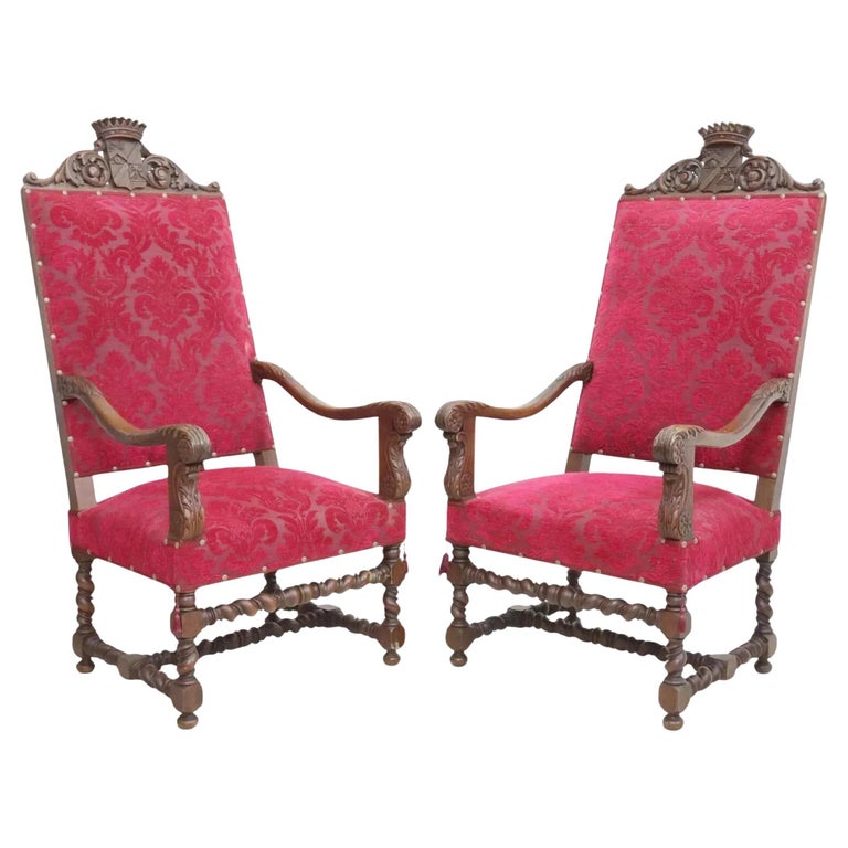 1900s Antique French Henri II Style, Carved Oak Fauteuils