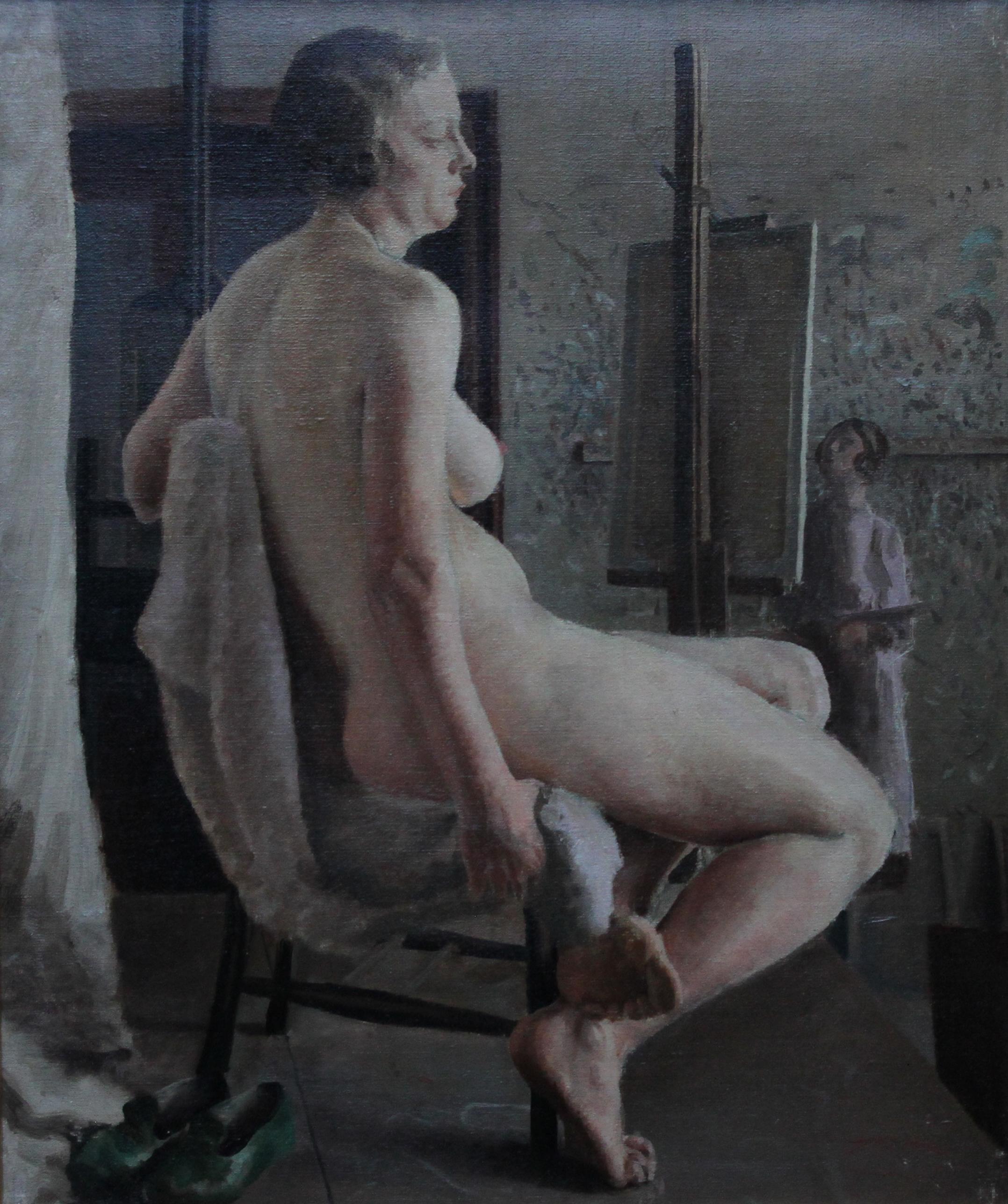 Nude in Life Class with Green Shoes - British 40's Slade School art oil painting - Painting by E.A. Jay