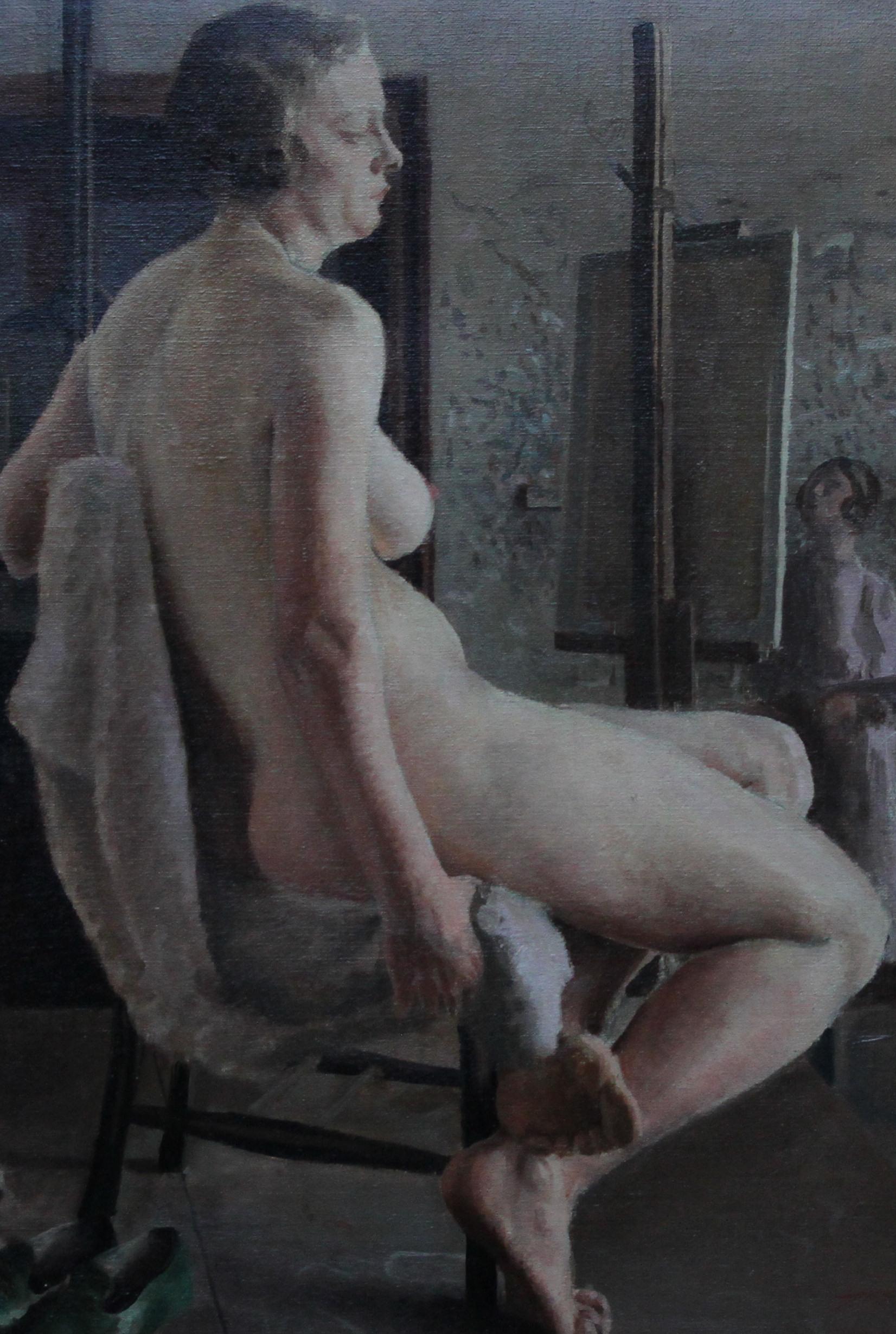 Nude in Life Class with Green Shoes - British 40's Slade School art oil painting - Post-Impressionist Painting by E.A. Jay