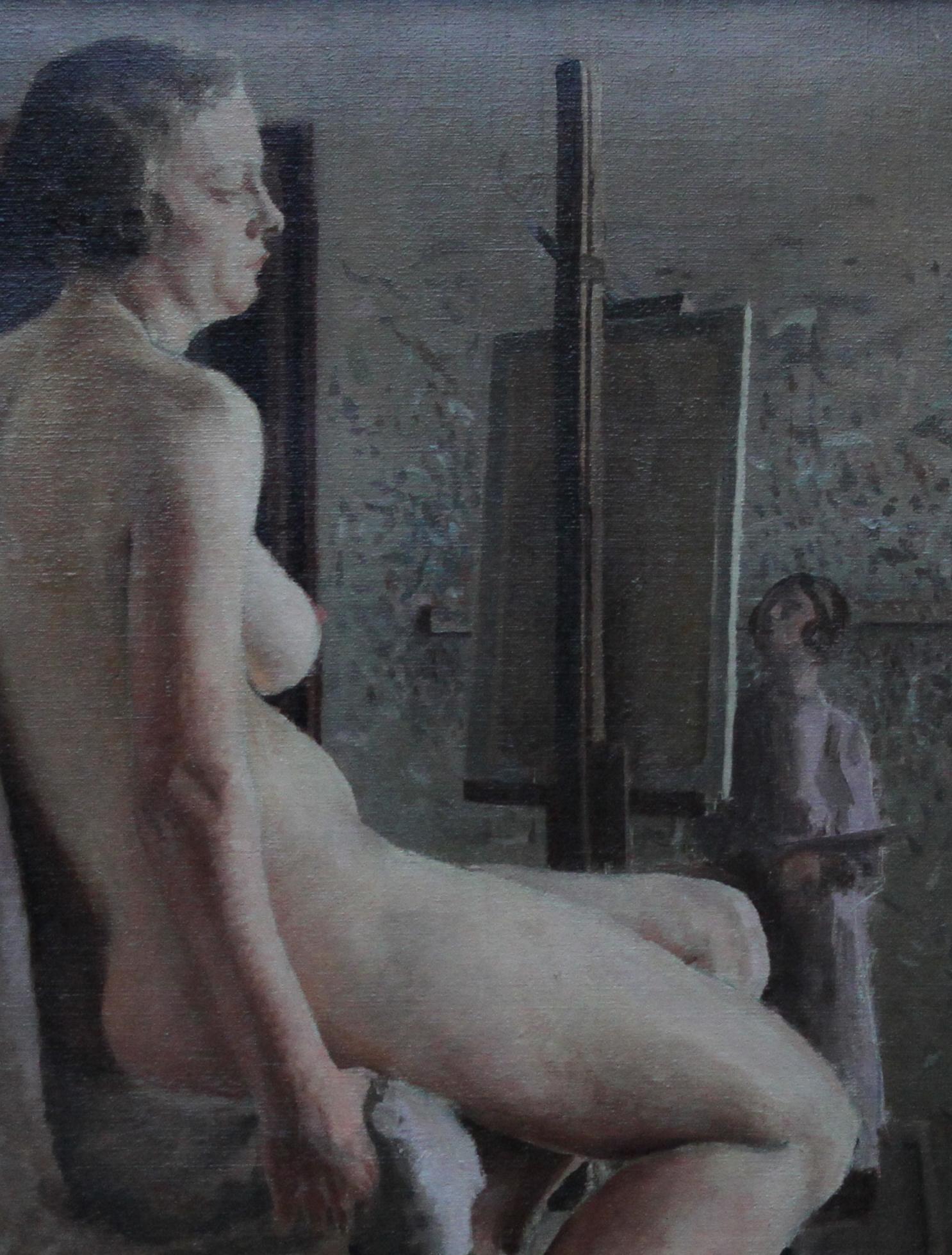 This superb Post Impressionist Slade School female full length seated nude portrait oil painting is by female artist E A Jay. Painted in the 1940's, the sitter is a model in a women's life class and we can see a female artist at her easel, the wall