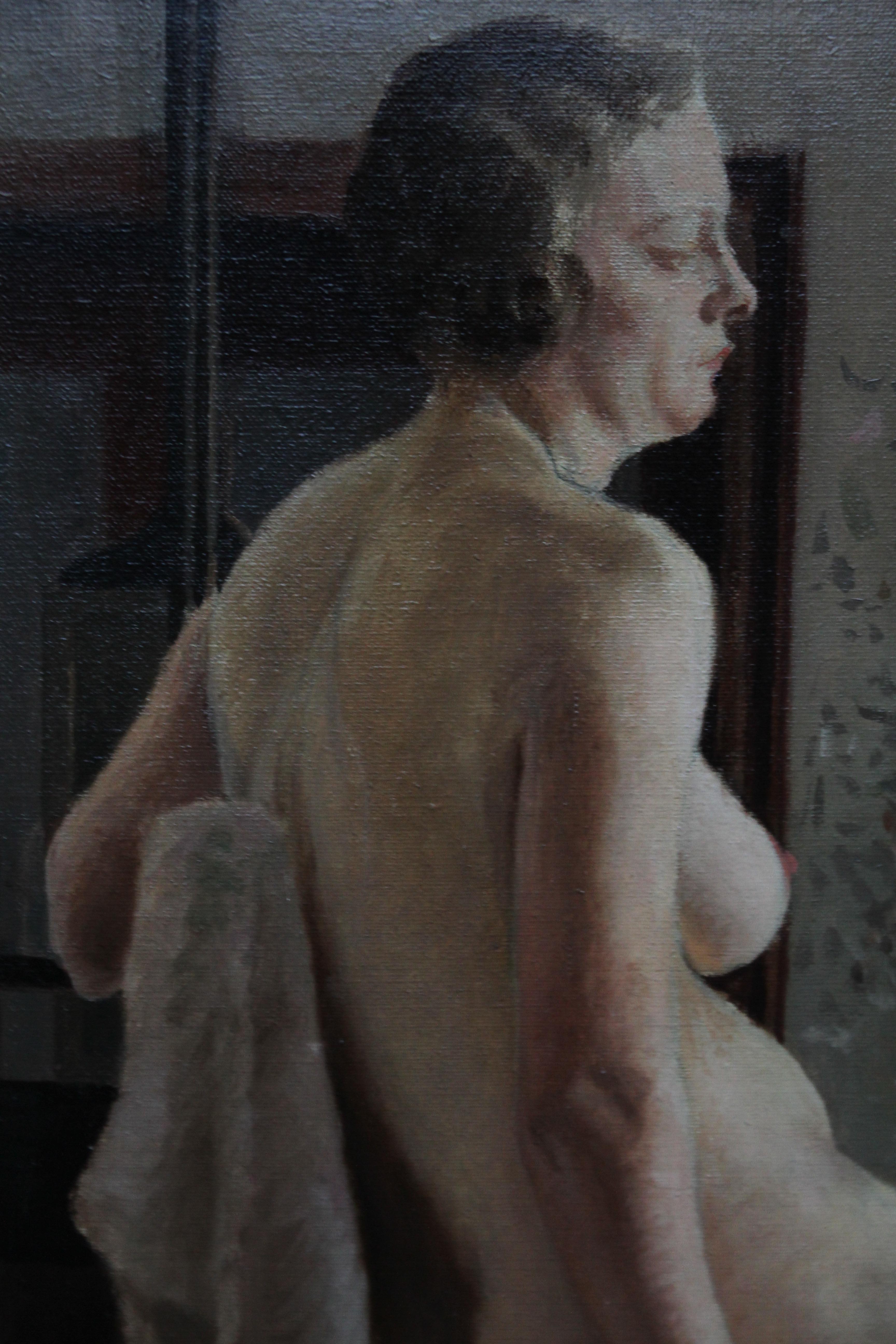 This superb Post Impressionist Slade School female full length seated nude portrait oil painting is by female artist E A Jay. Painted in the 1940's, the sitter is a model in a women's life class and we can see a female artist at her easel, the wall