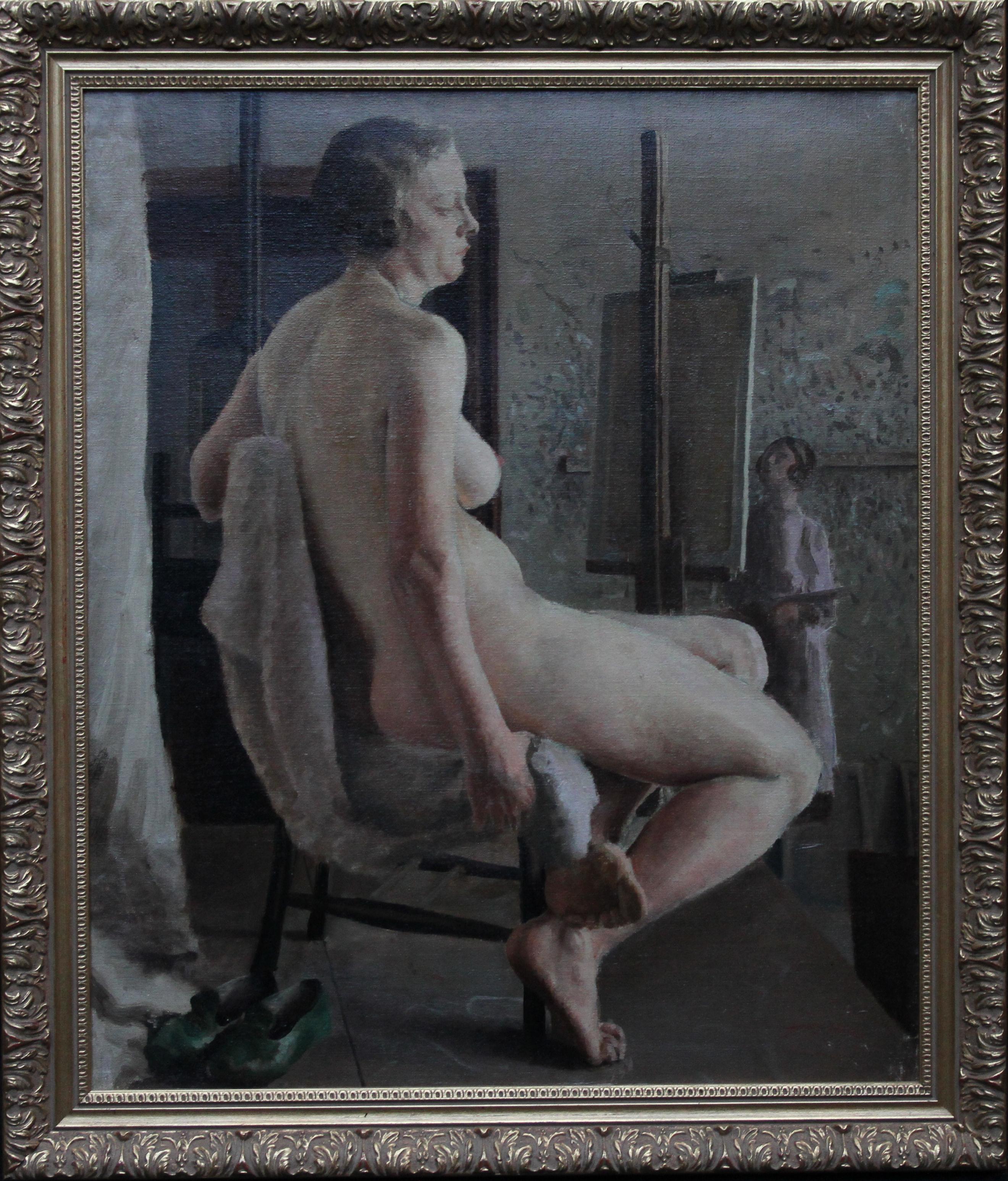 E.A. Jay Nude Painting – Akt in Life Class mit grünen Schuhen – britisches Ölgemälde der Slade-Schule der 40er Jahre