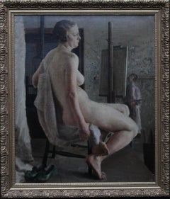 Vintage Nude in Life Class with Green Shoes - British 40's Slade School art oil painting