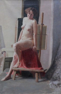 Seated Nude Model in Art Class - British 40's Slade School portrait oil painting