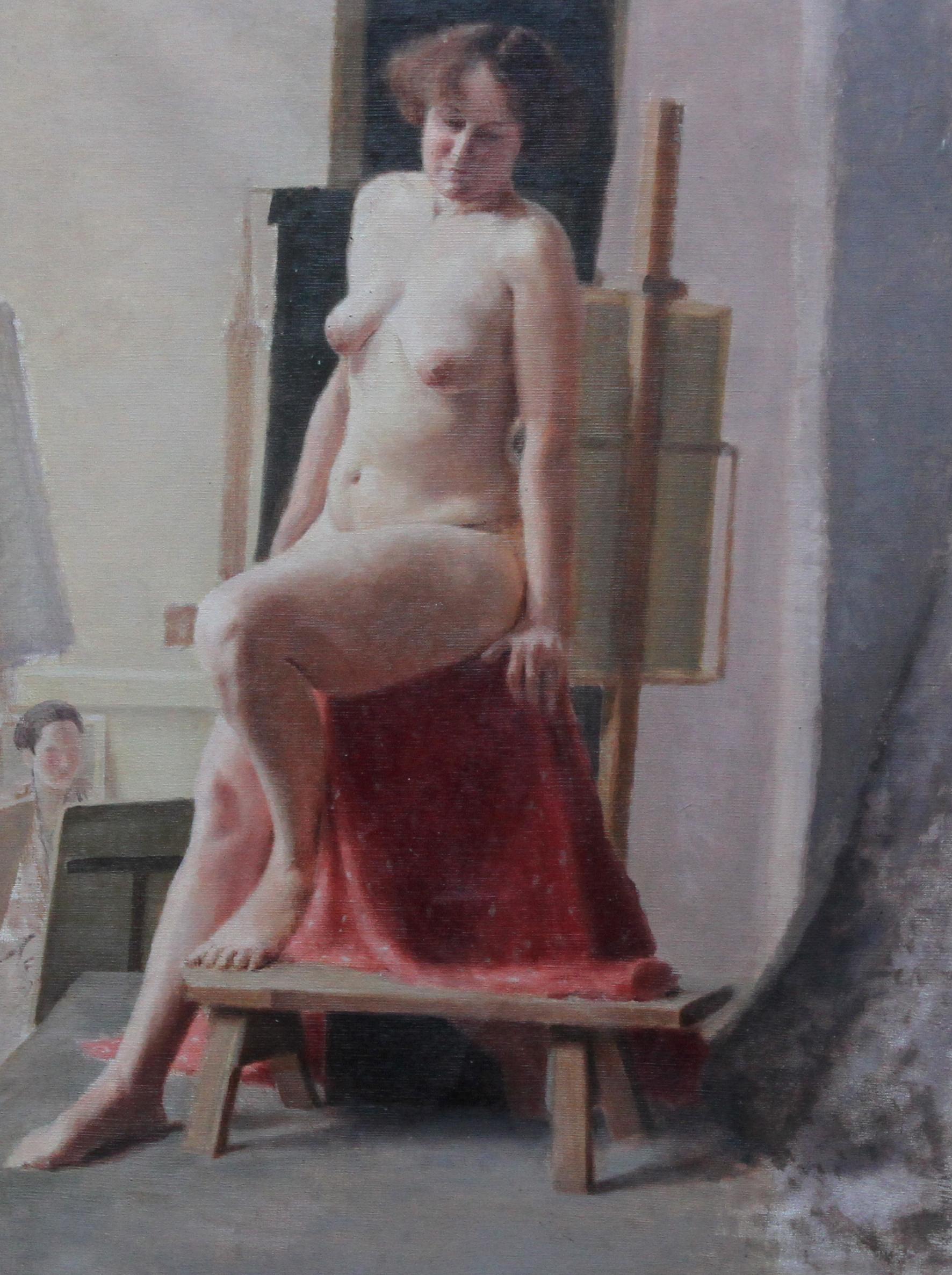Sitzendes Aktmodell in Kunstklasse – Porträt-Ölgemälde der britischen Slade-Schule der 40er Jahre (Post-Impressionismus), Painting, von E.A. Jay
