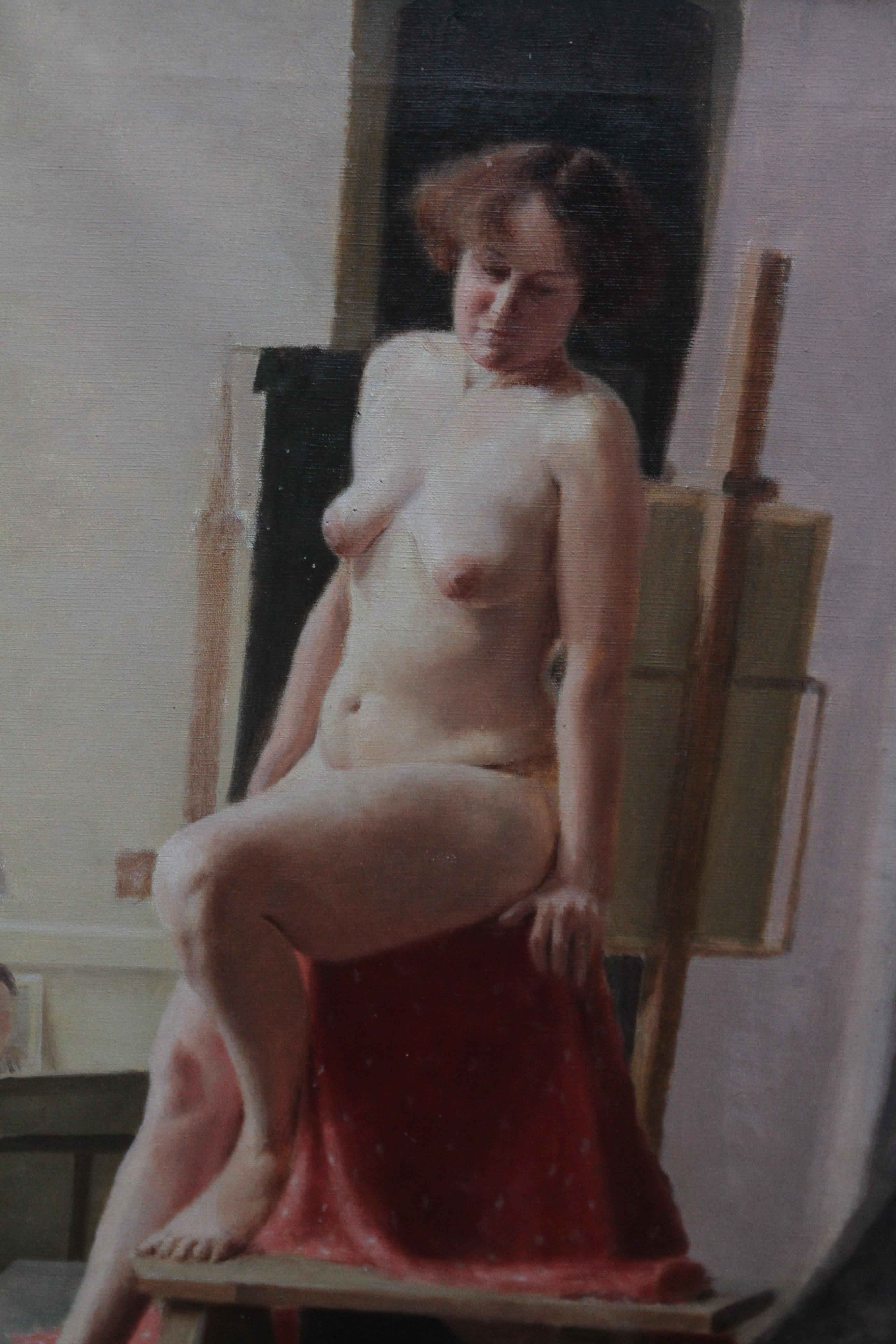 Diese hervorragende Post Impressionist Slade School weiblichen in voller Länge sitzend nackt Porträt Ölgemälde ist von weiblichen Künstler E A Jay. In den 1940er Jahren gemalt, ist die Dargestellte ein Modell in einem Kurs für Frauen, und wir sehen