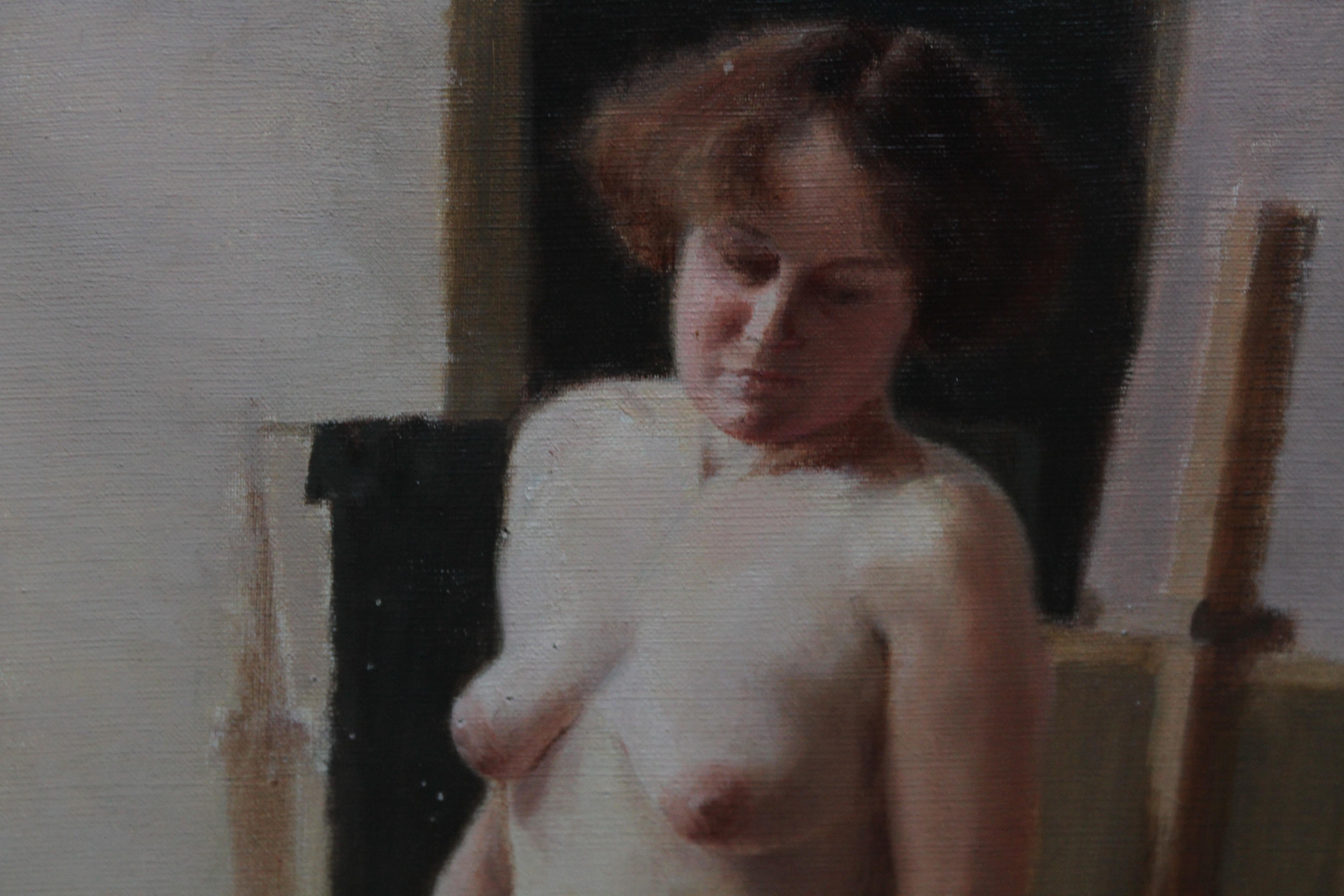 Seated Nude Model in Art Class - British 40's Slade School portrait oil painting - Gray Nude Painting by E.A. Jay
