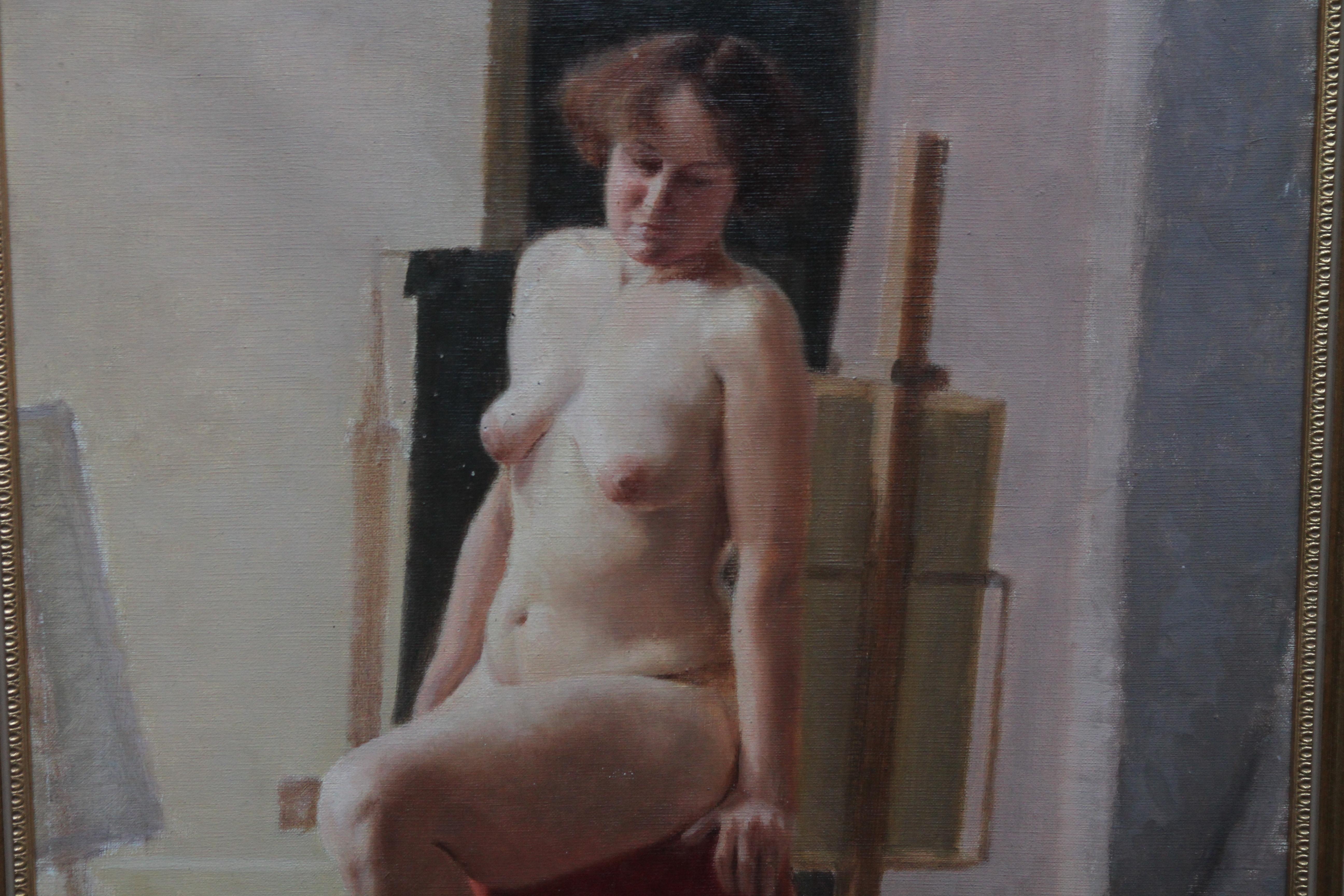 This superb Post Impressionist Slade School female full length seated nude portrait oil painting is by female artist E A Jay. Painted in the 1940's, the sitter is a model in a women's life class and we can see a female artist at her easel. The model