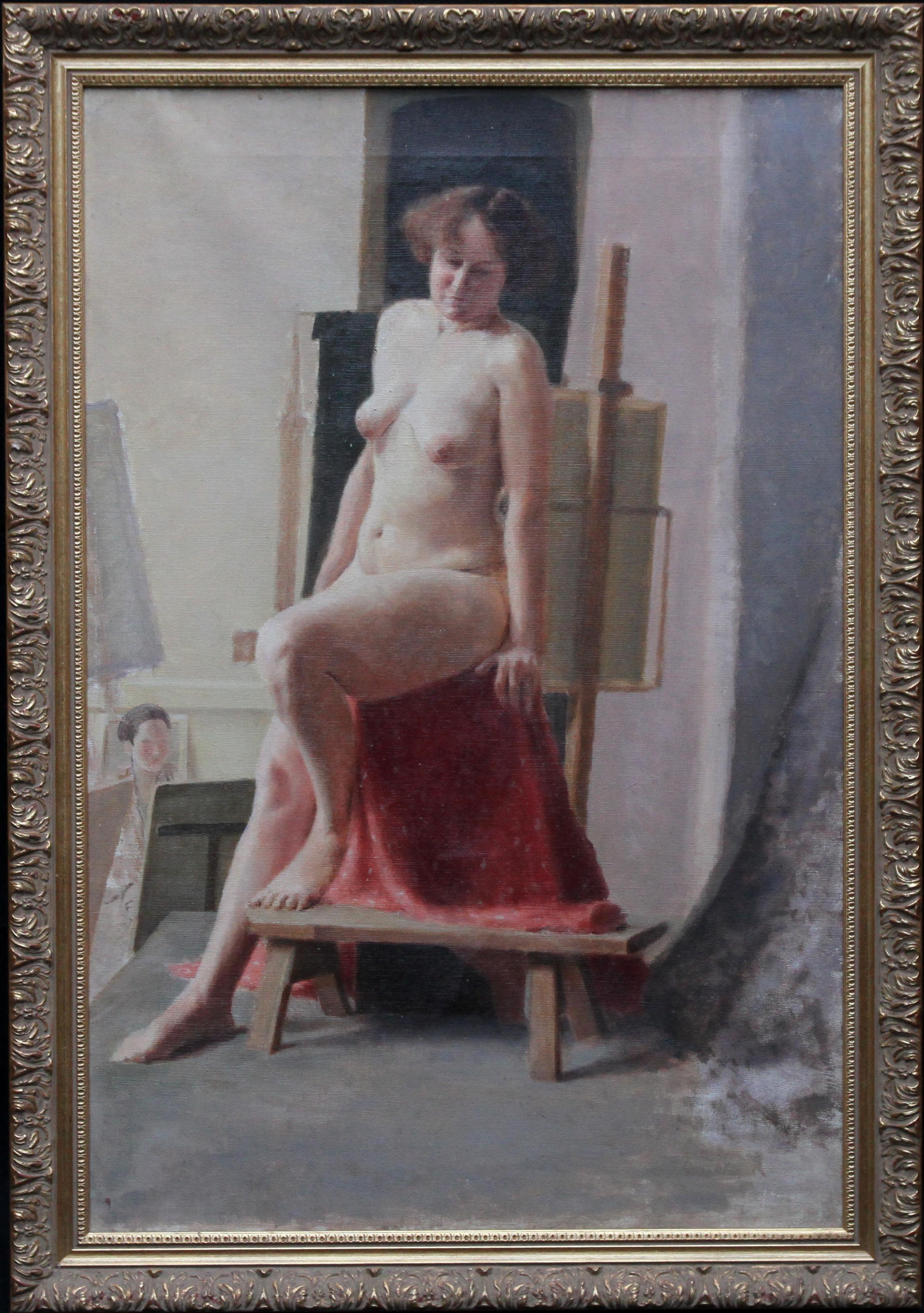 E.A. Jay Nude Painting – Sitzendes Aktmodell in Kunstklasse – Porträt-Ölgemälde der britischen Slade-Schule der 40er Jahre