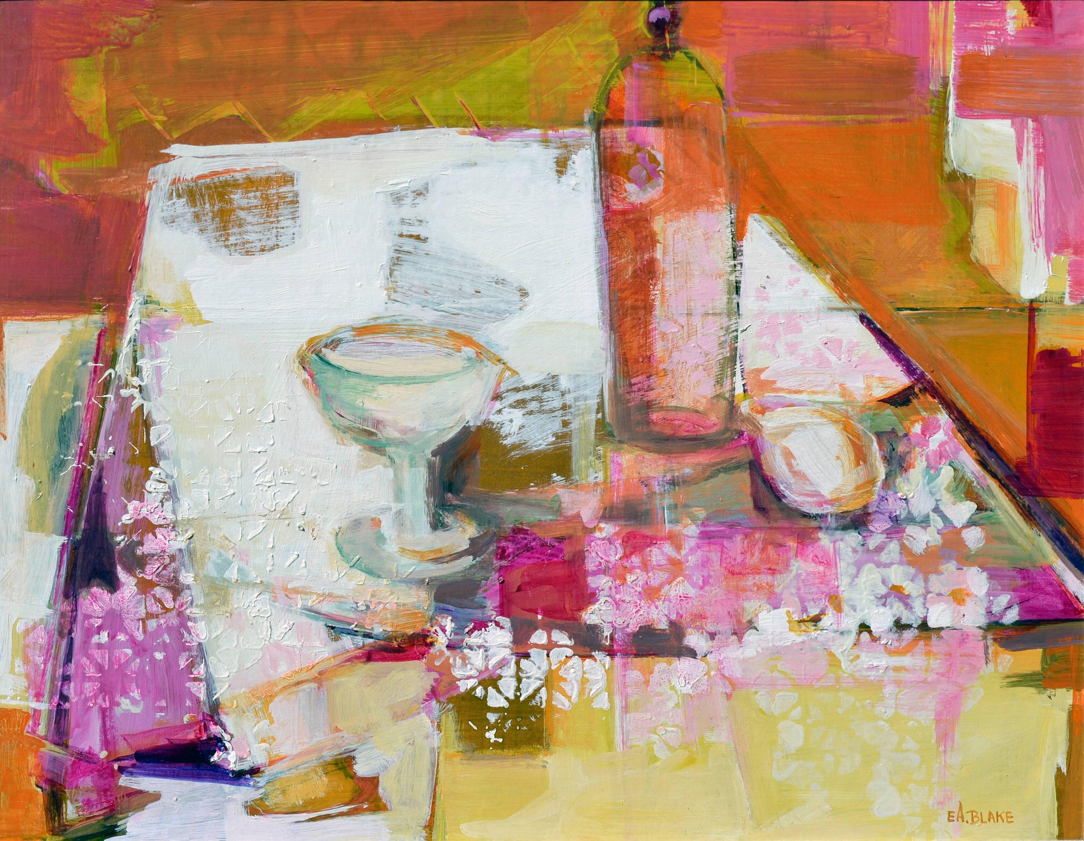 Mesa cubista abstracta moderna de mediados de siglo Bodegón de acrílico sobre masonita - Painting de E.A.Blake