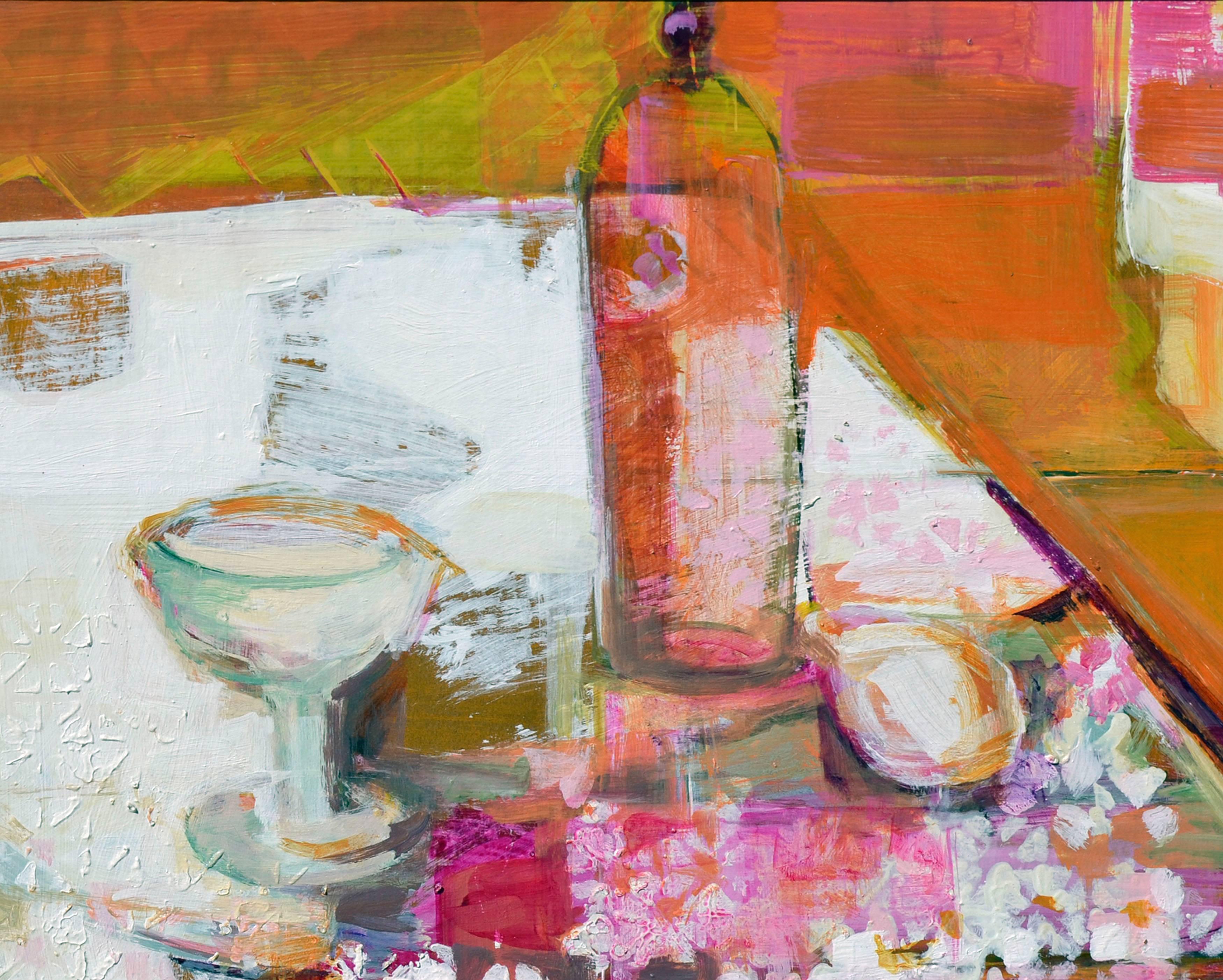 Mesa cubista abstracta moderna de mediados de siglo Bodegón de acrílico sobre masonita - Painting moderno estadounidense de E.A.Blake