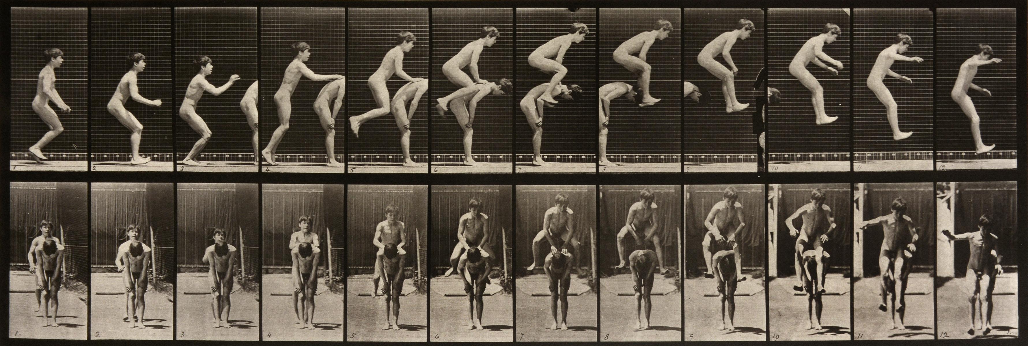 Eadweard Muybridge Black and White Photograph - Animal Locomotion: Plate 168 (Two Boys Performing A Leap Frog), 1887  