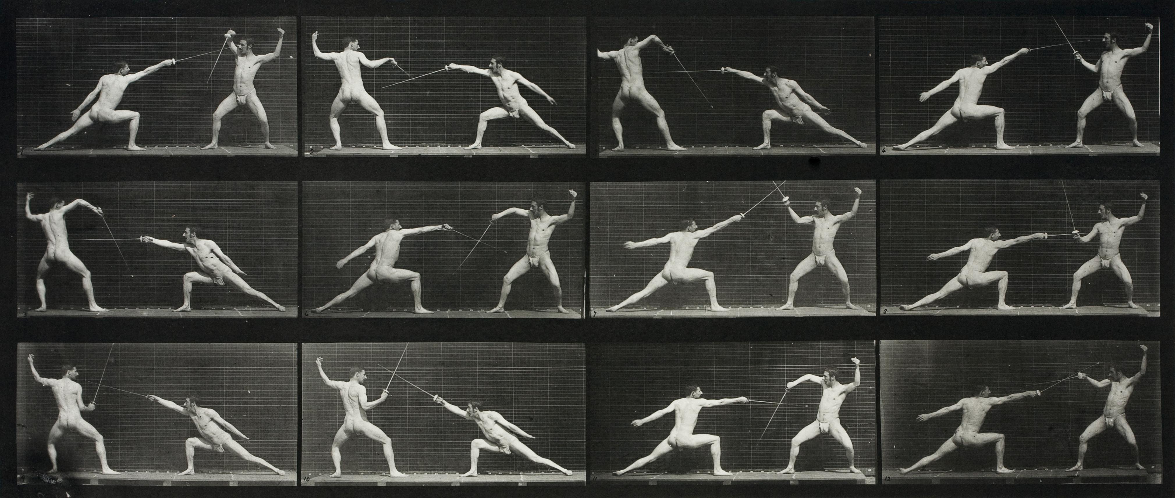 Eadweard Muybridge Black and White Photograph - Animal Locomotion. Plate 349. Fencers.