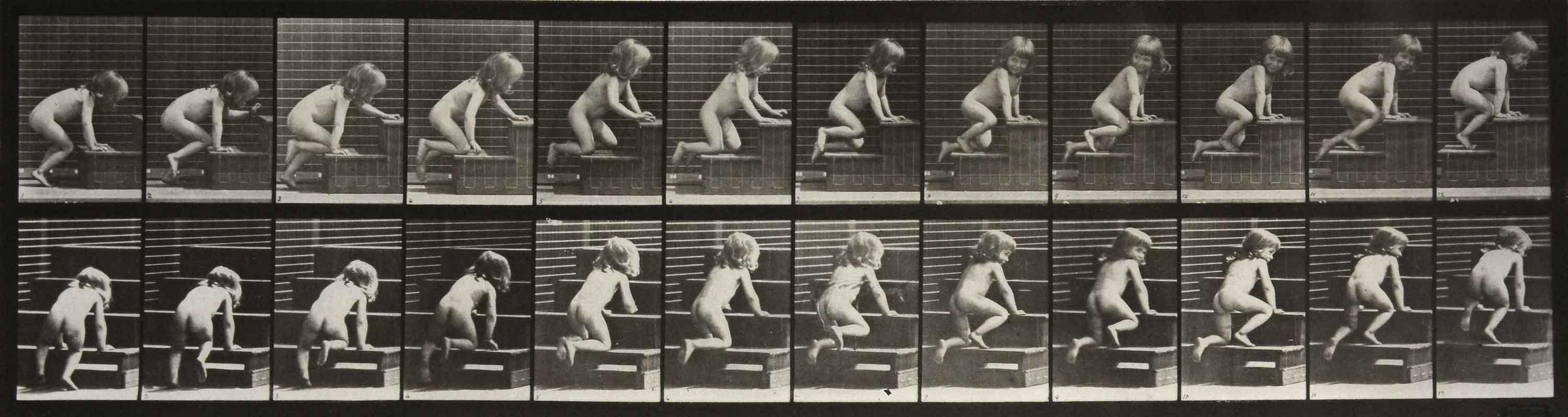 Eadweard Muybridge Black and White Photograph – Tier-Locomotion: Teller 472 (Kinder-Klettern auf dem Staircase)