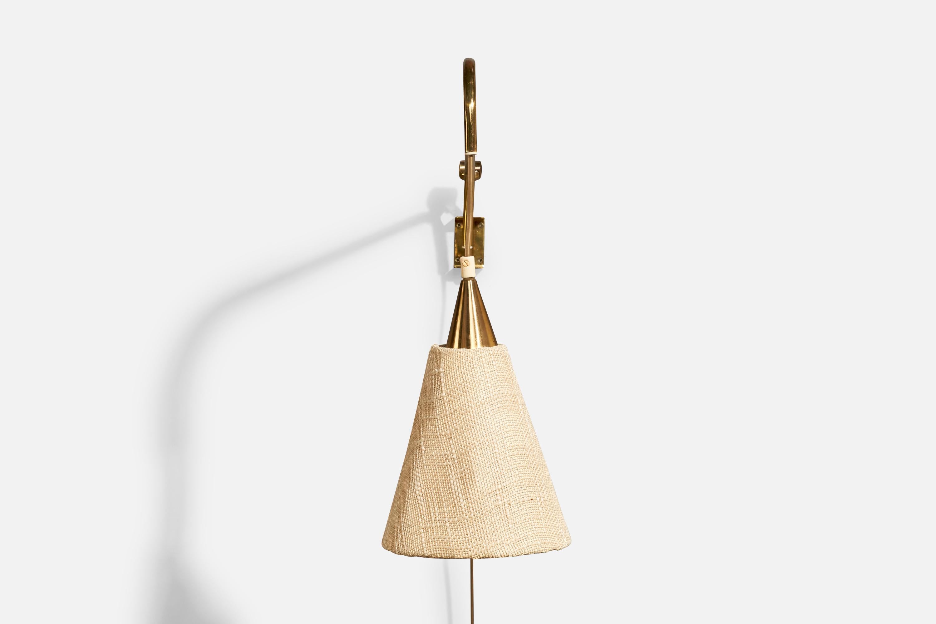 Scandinavian Modern EAE, Wall Light, Brass, Fabric, Sweden, 1940s For Sale