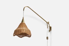 EAE-Wandleuchte, Messing, Rattan, Schweden, 1940er Jahre