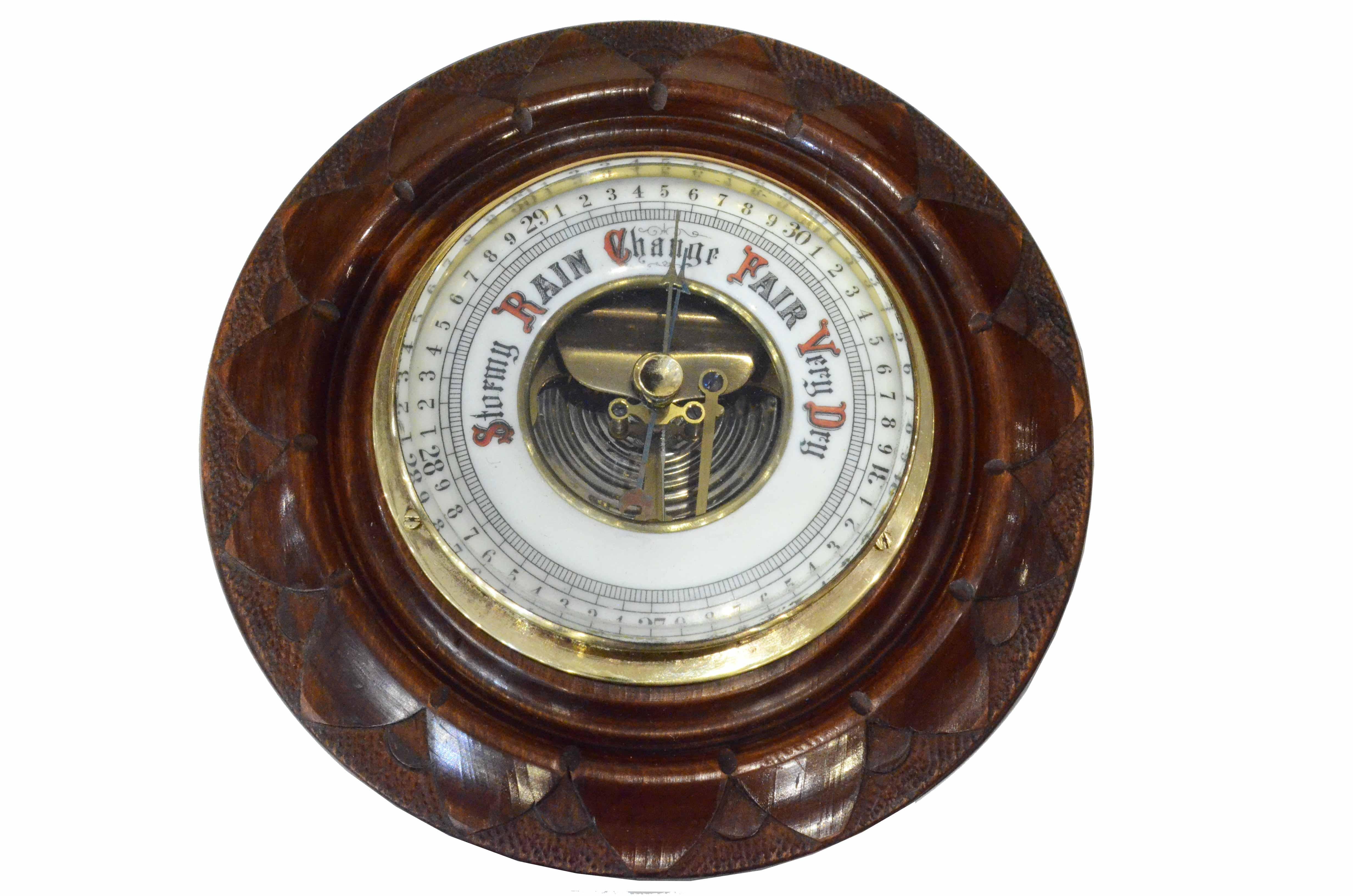 Eaerly 1900s English Carved Woodd Aneroid Barometer Antique Forecast Instrument 6