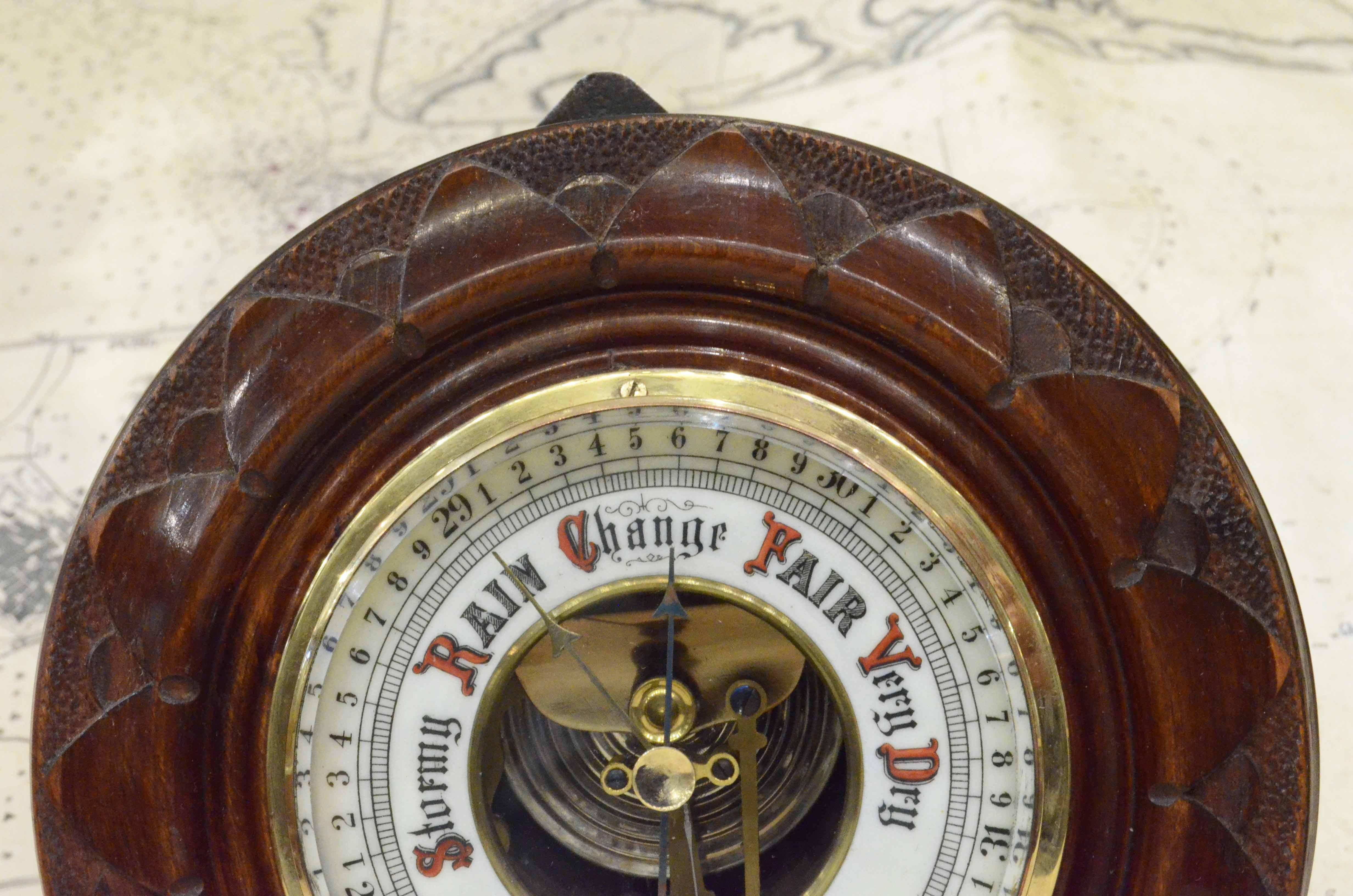 Early 20th Century Eaerly 1900s English Carved Woodd Aneroid Barometer Antique Forecast Instrument