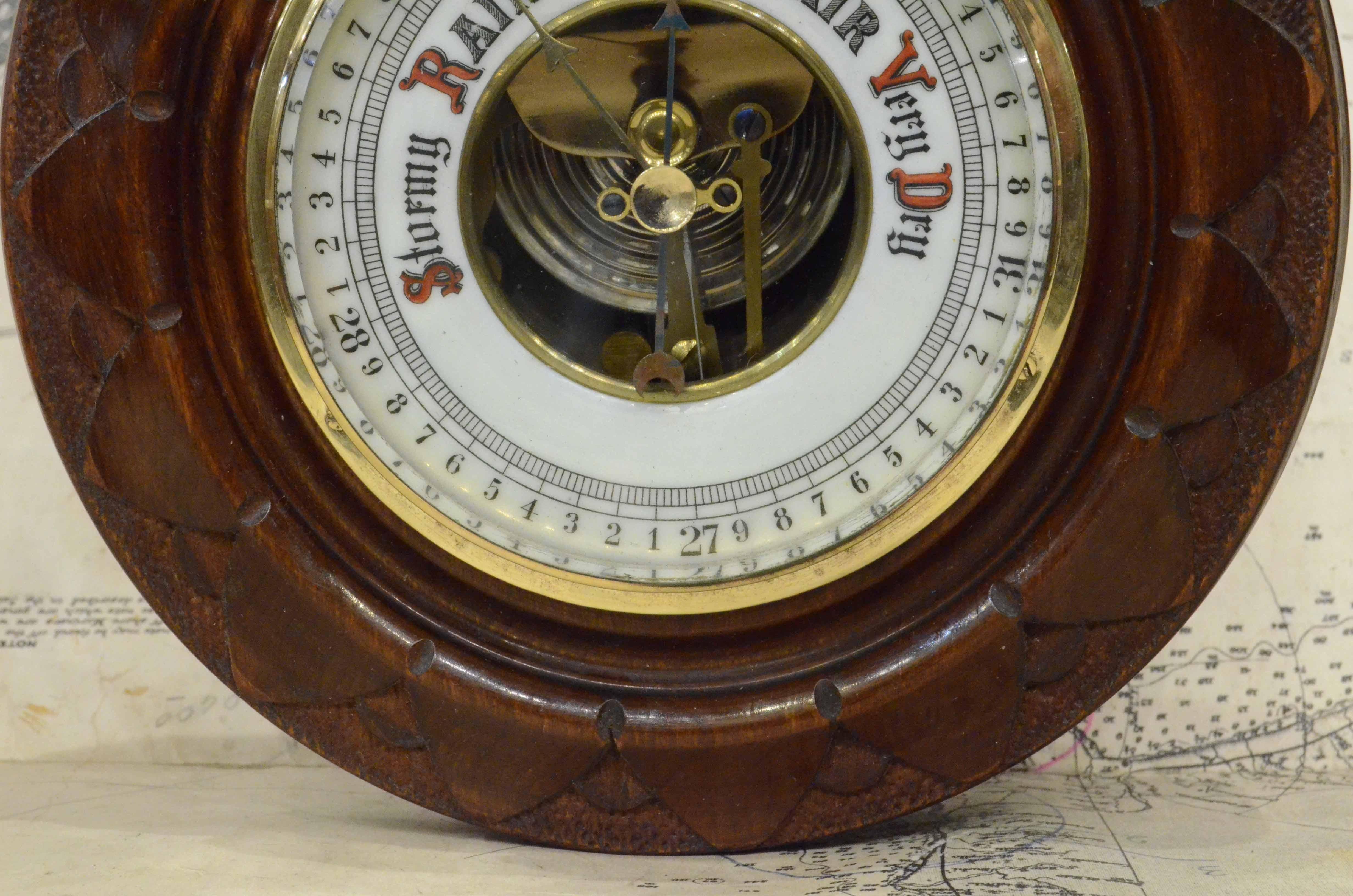 Eaerly 1900s English Carved Woodd Aneroid Barometer Antique Forecast Instrument 1