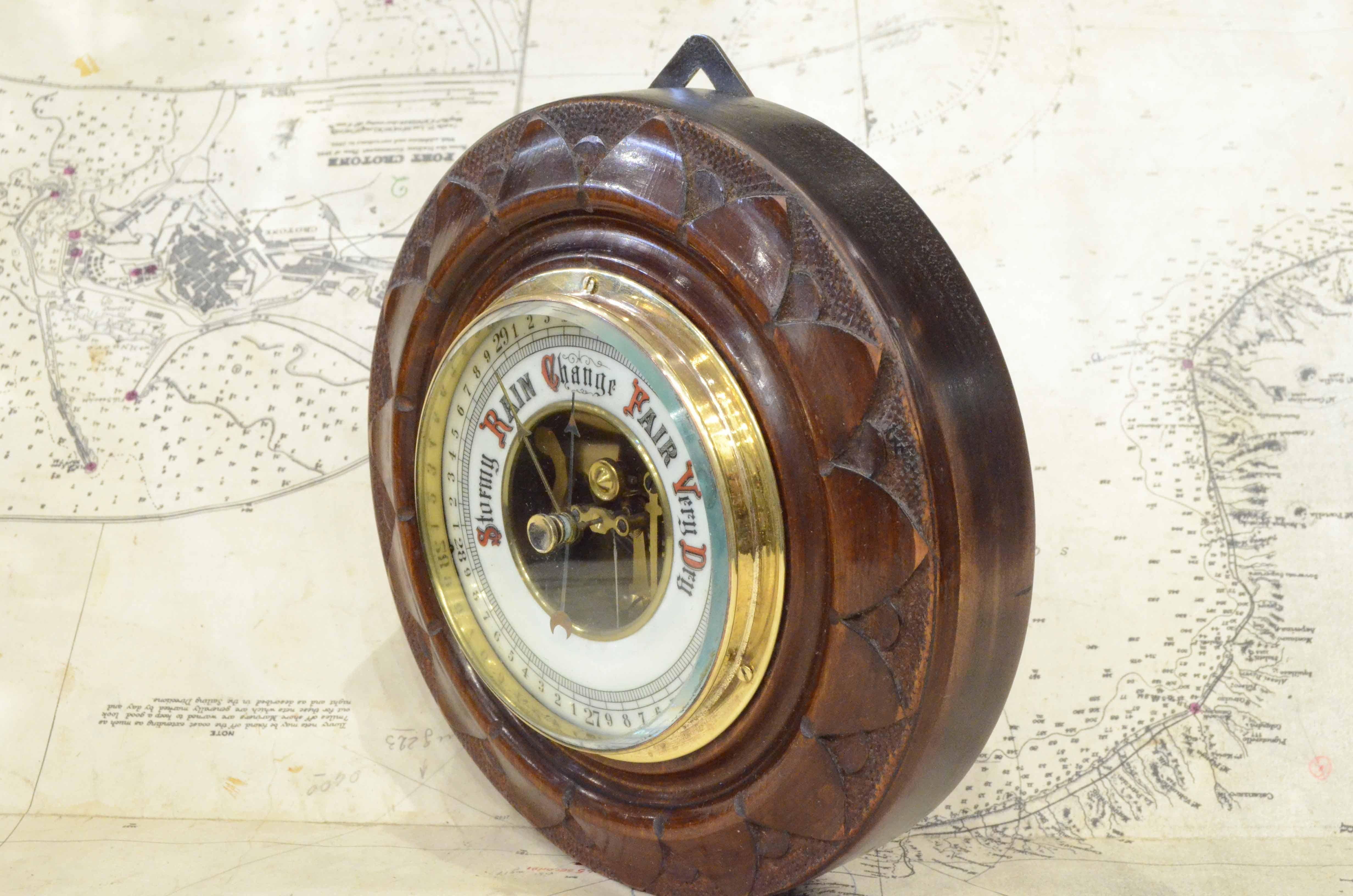 Eaerly 1900s English Carved Woodd Aneroid Barometer Antique Forecast Instrument 2