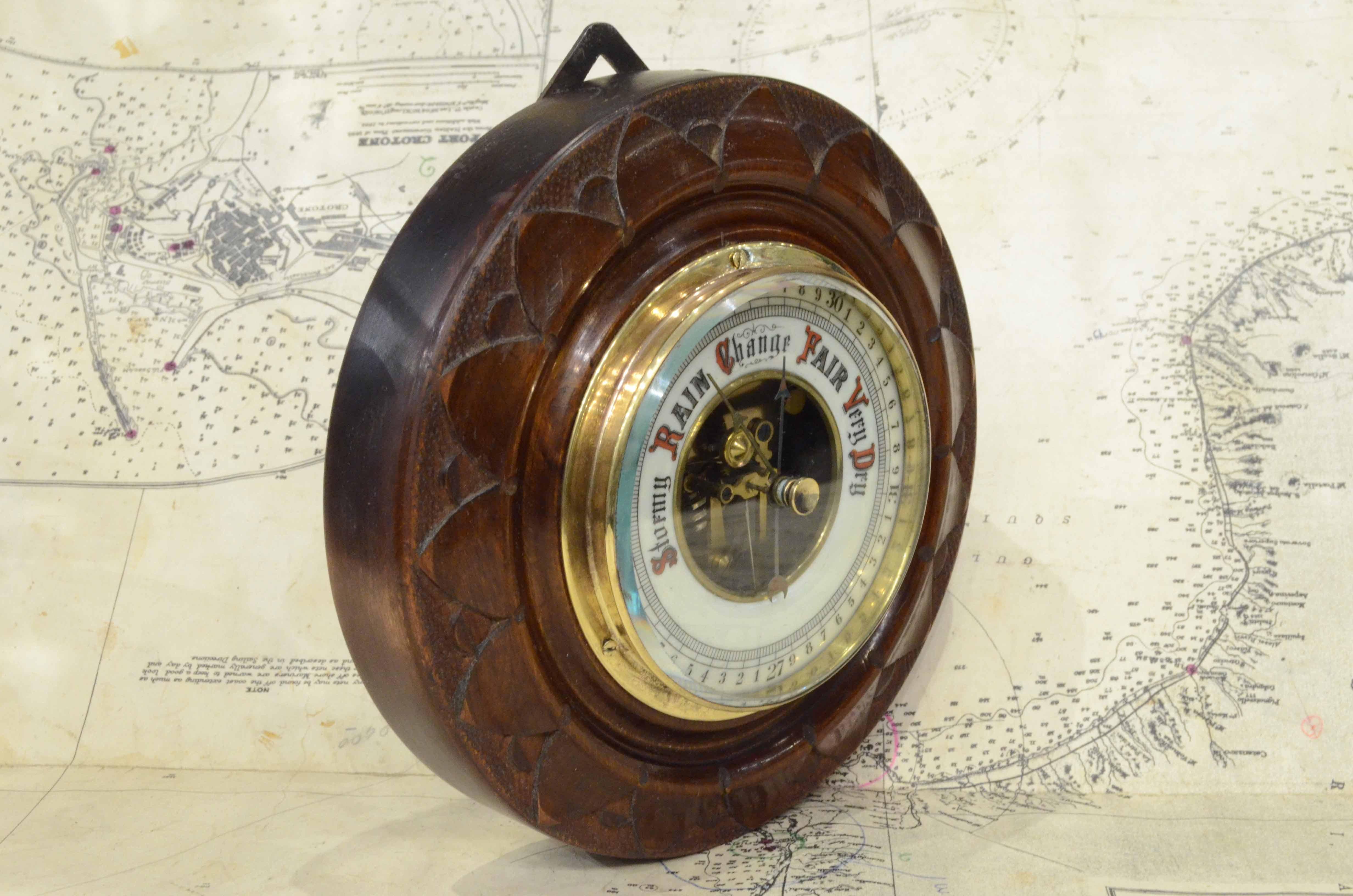 Eaerly 1900s English Carved Woodd Aneroid Barometer Antique Forecast Instrument 3