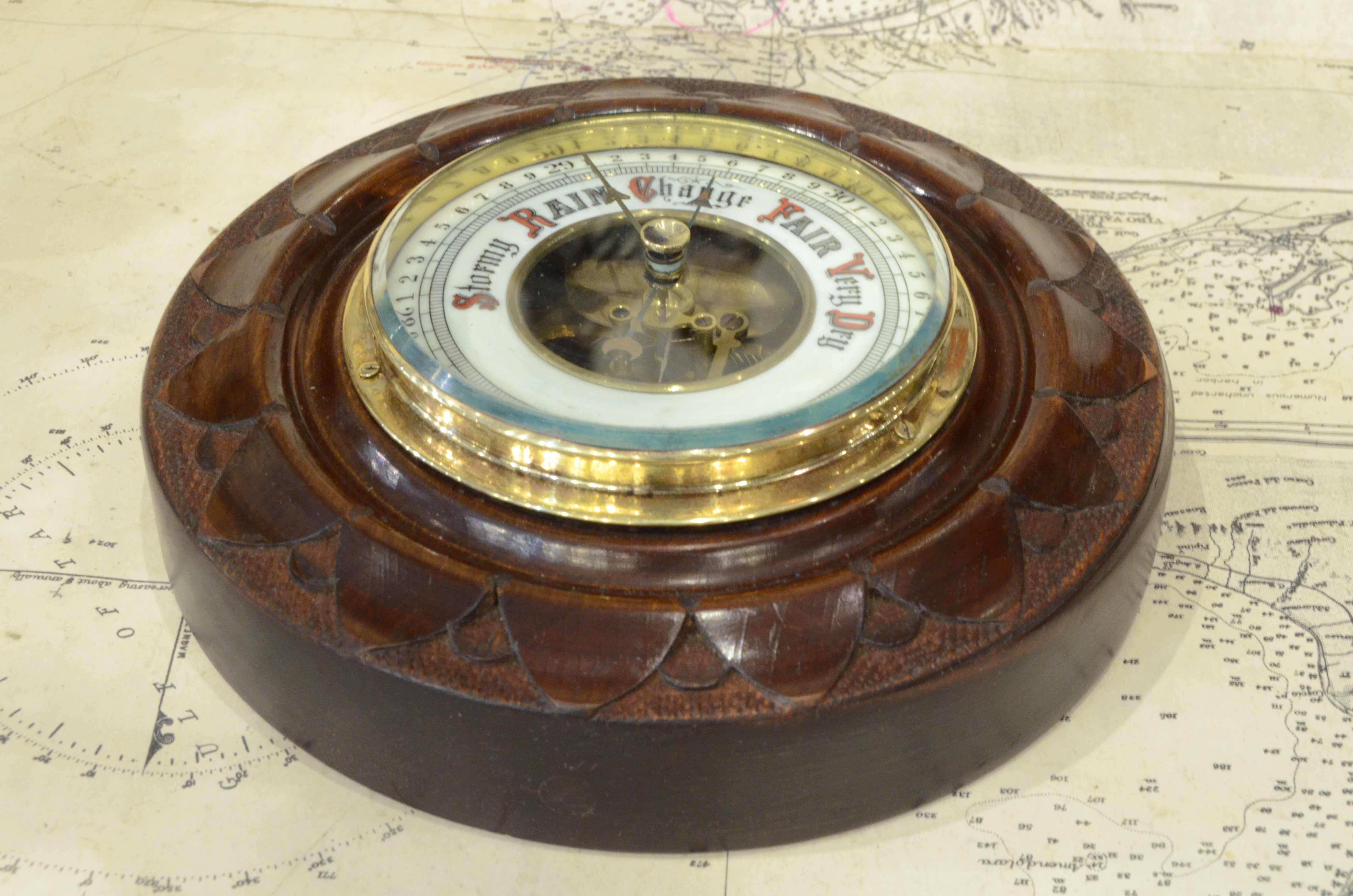 Eaerly 1900s English Carved Woodd Aneroid Barometer Antique Forecast Instrument 5