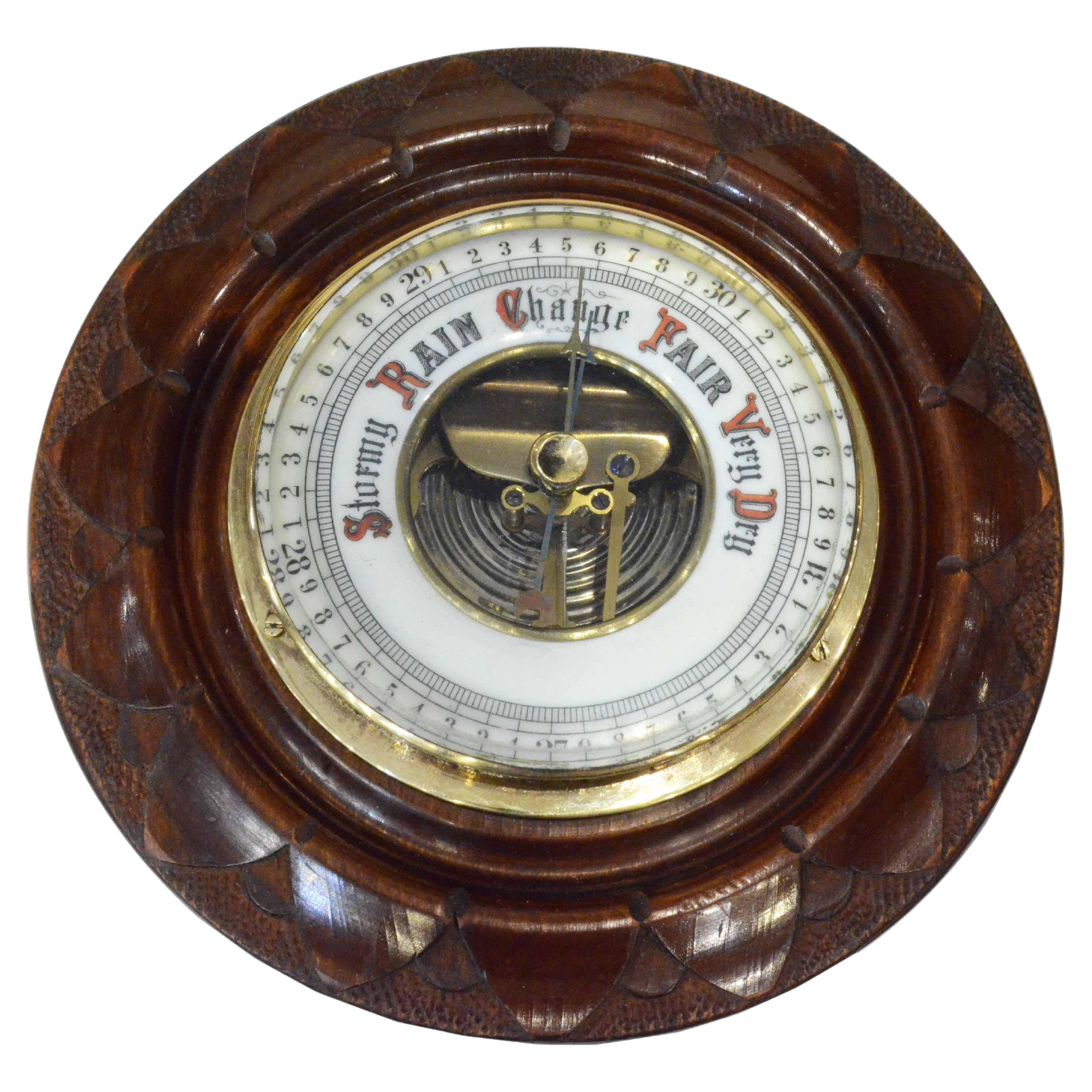 Eaerly 1900s English Carved Woodd Aneroid Barometer Antique Forecast Instrument