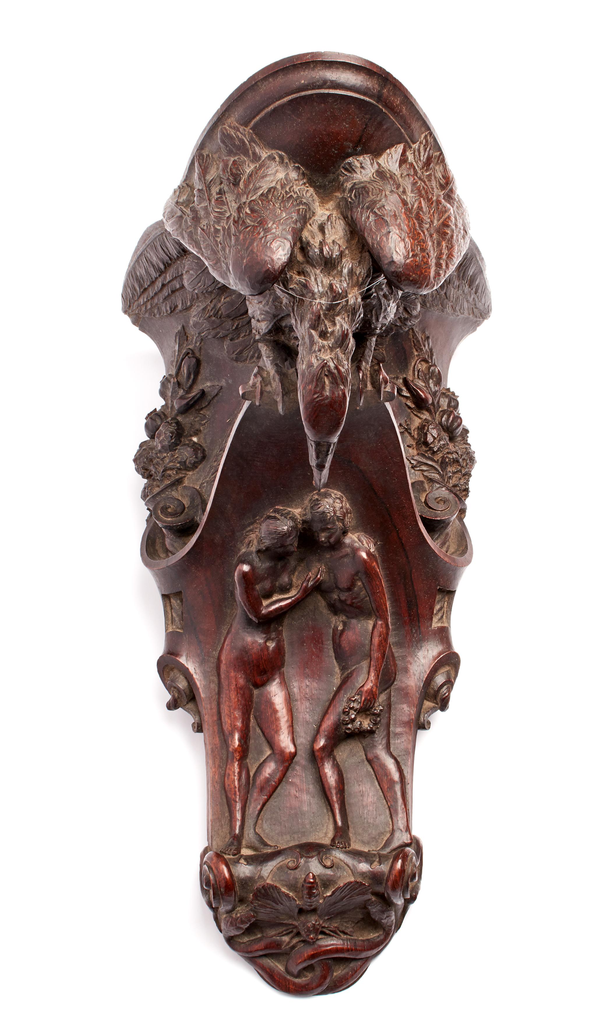 Late 19th Century Eagle, Adam, Eve with a Bee, Rosewood Sculpture, Italy, 1880