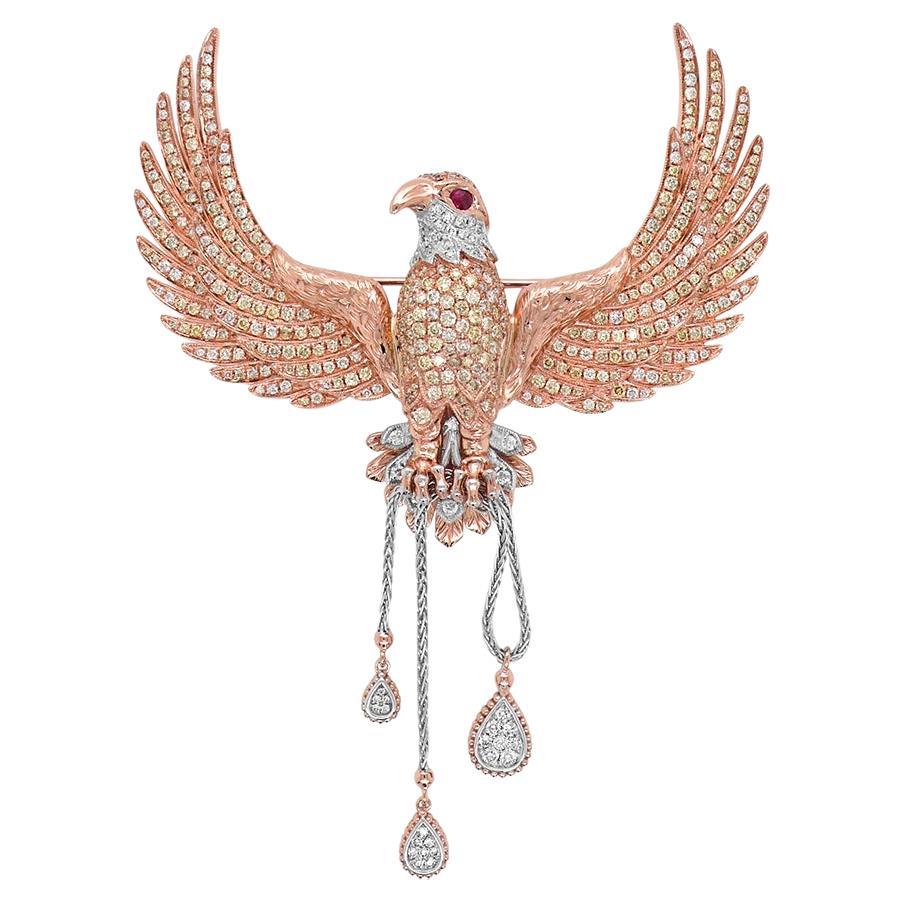 Aigle Oiseau Diamants Pave & Rubis Pendentif Broche Or Rose 18K