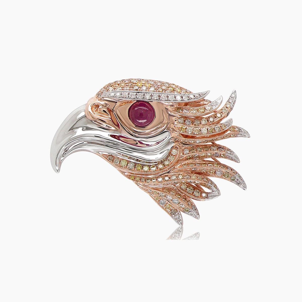 Broche de oro rosa y blanco de 18 quilates con diamantes y rubí pavé de pájaro águila en Nuevo estado para la venta en Oakton, VA