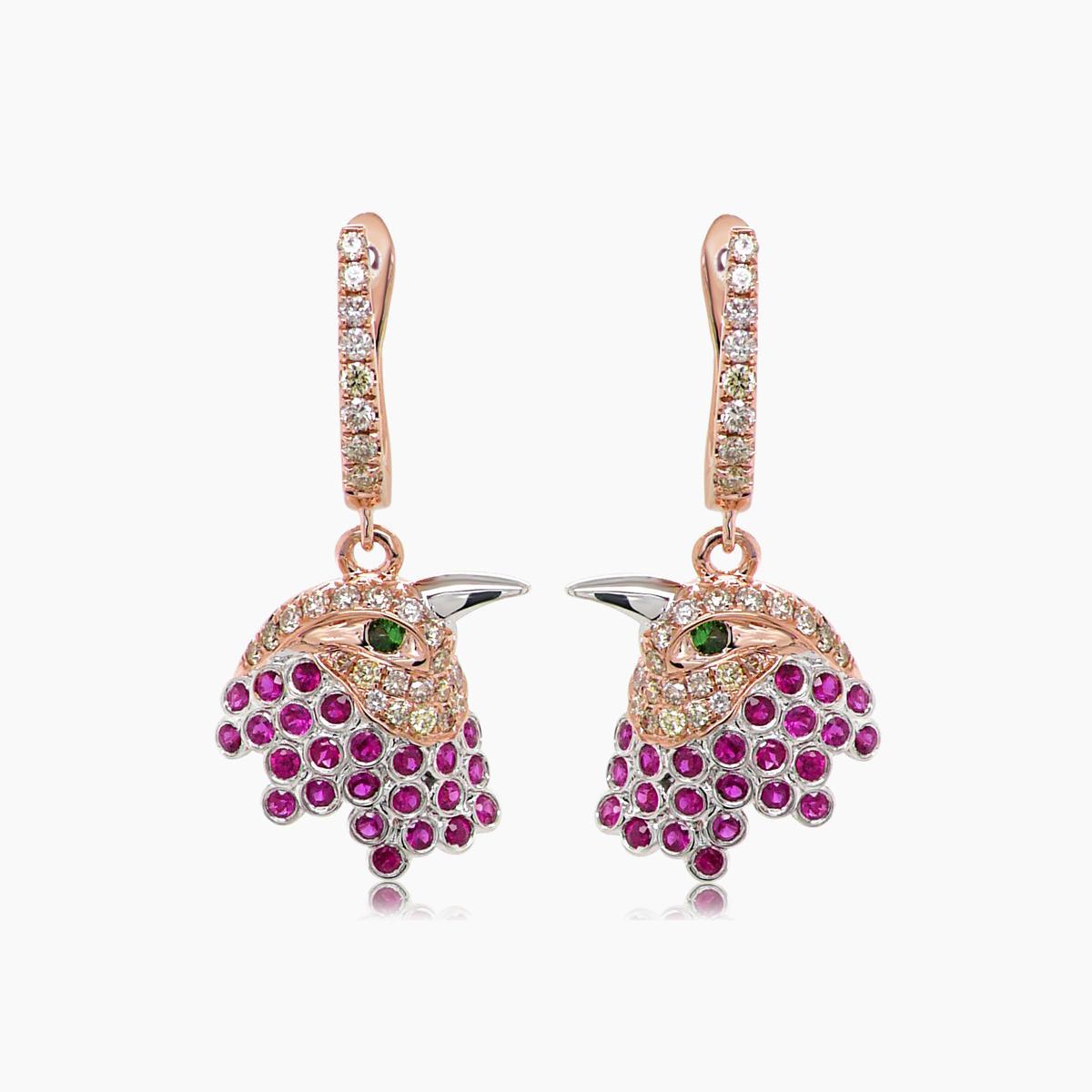 Mixed Cut Eagle Bird Diamonds Pave Ruby & Green Garnet 18K Rose Gold Earrings For Sale
