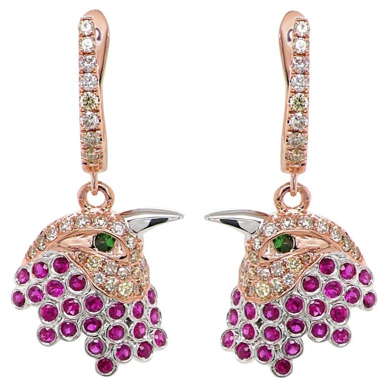 Eagle Bird Diamonds Pave Ruby & Green Garnet 18K Rose Gold Earrings For Sale
