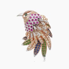 Eagle Bird Diamonds Pave Ruby & Multi Gemstone 18K Rose Gold Brooch Pendant