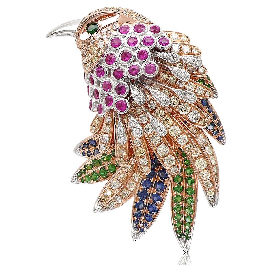Colgante broche de oro rosa de 18 quilates con pavé de diamantes y multigema de rubí de pájaro águila