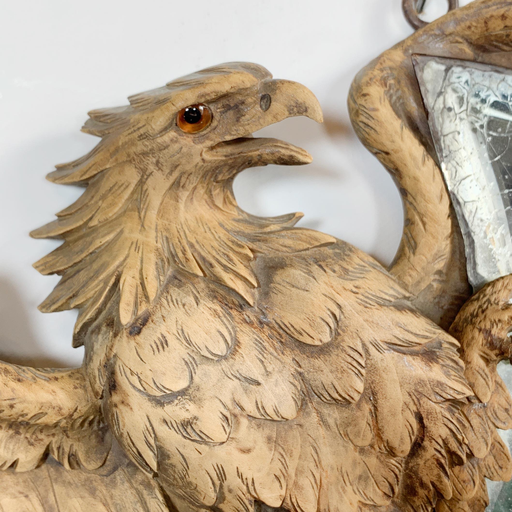 Eagle Crescent Mirror 1890 Black Forest Carving In Good Condition For Sale In Hastings, GB