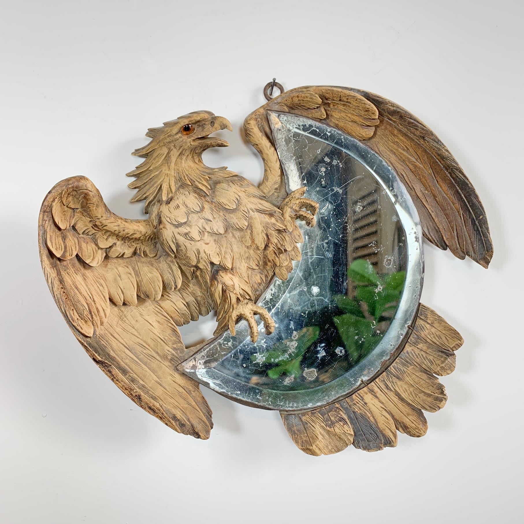 Late 19th Century Eagle Crescent Mirror 1890 Black Forest Carving For Sale